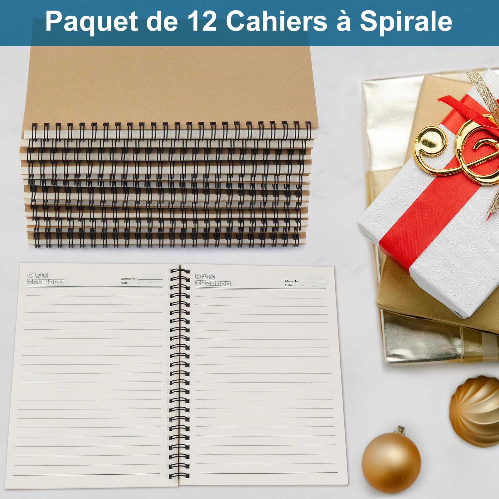 ZCZN A5 Cahier à Spirale Kraft 60 Feuillets par Bloc，Lot of 12 Blocs Carnet de Notes à Spirale Reliure Double Spirale，80 g/m²，Bloc Note Carnet Dessin，120 Pages Lignées Notebook