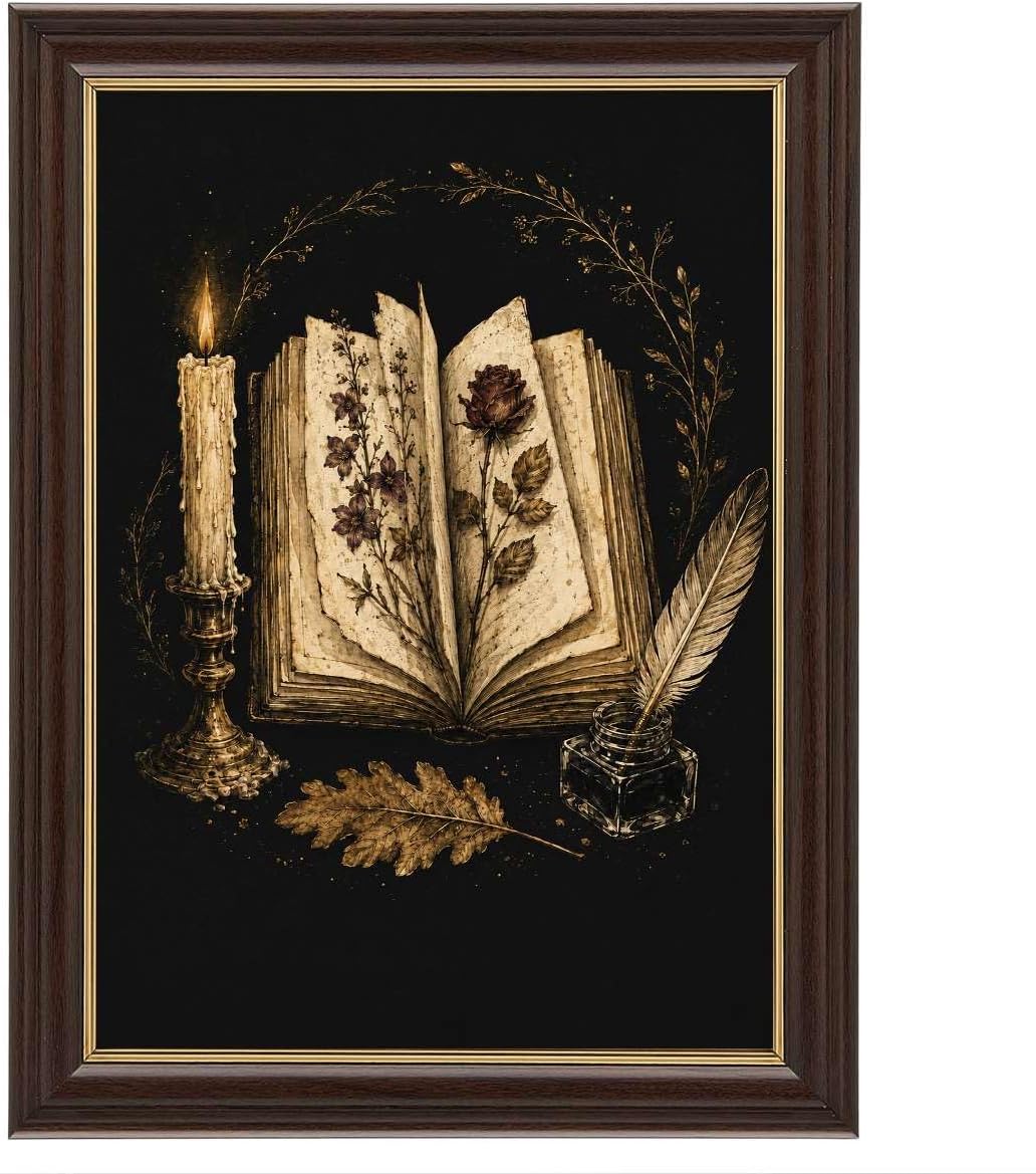 Framed Gothic Spell Book Poster Vintage Canvas Wall Art Decor (Retro Framed,12L X18W)
