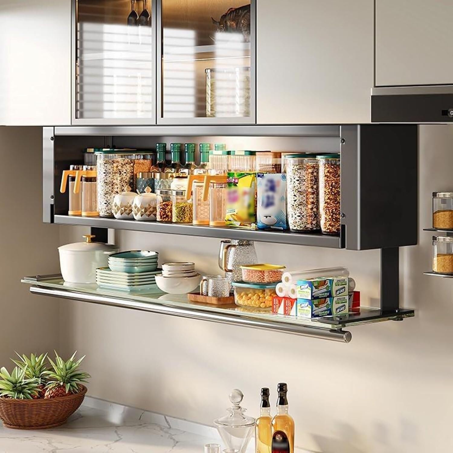 OLSKFUH Spice Rack Kitchen Storage Rack Pull Out Cabinet Shelf Glass Door Fold Down Shelf Bracket Hidden Upper Cabinet,Black-60cm/23.6in