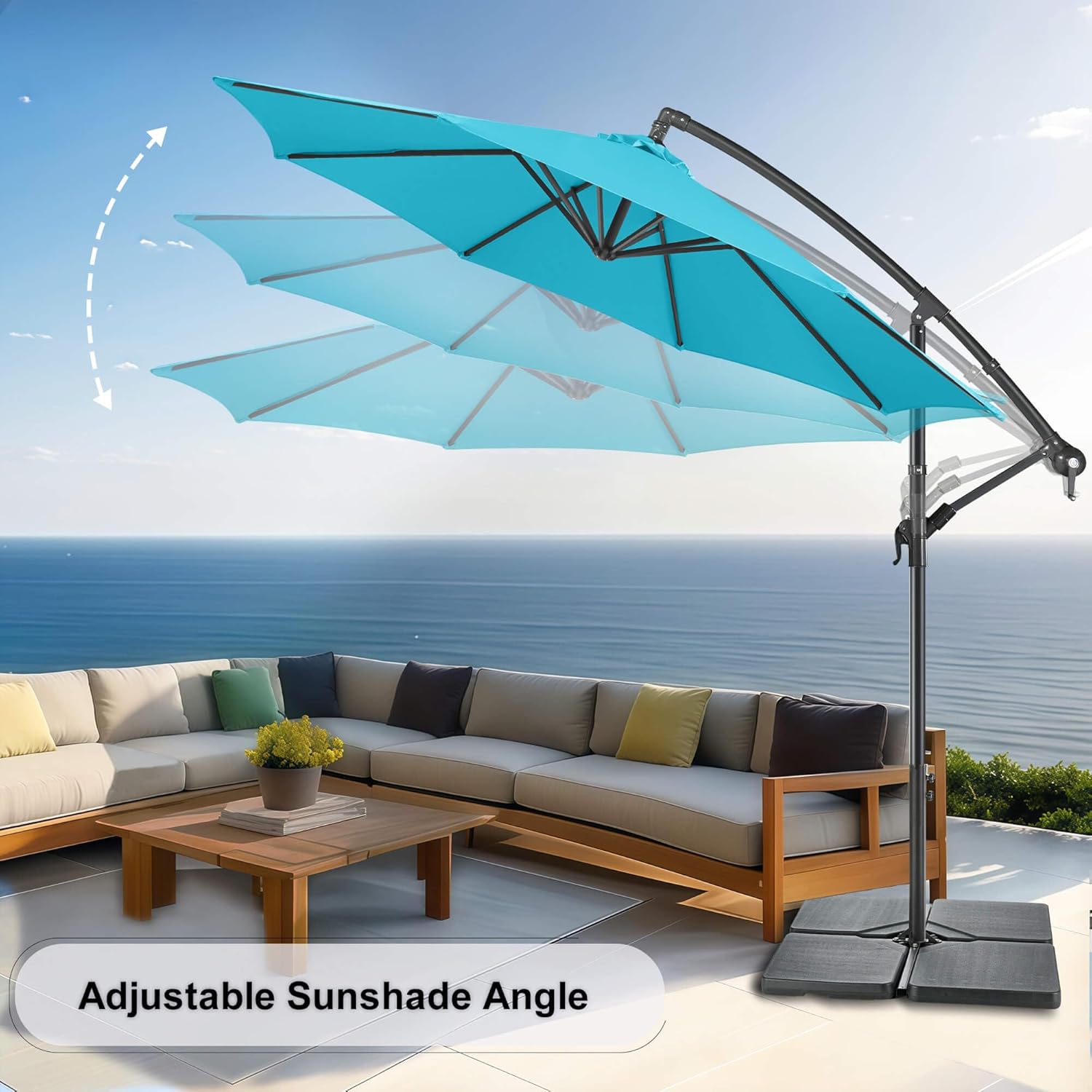 FLAME&SHADE 10ft Cantilever Patio Umbrella Outdoor, Large Offset Umbrella with Crank and Cross Base, UPF 50+ UV Protection Hanging Umbrella for Pool Deck Garden, Aqua Blue