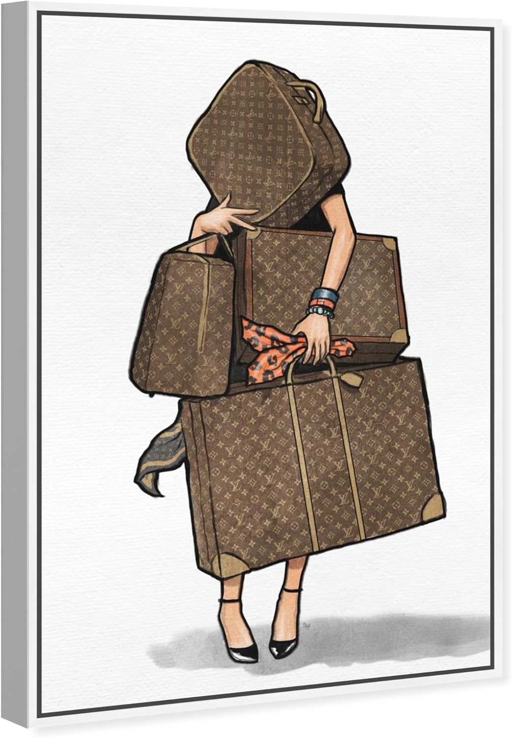The Oliver Gal Artist Co. Fashion and Glam Modern Canvas Art - Bags, Bags, Bags- Orange, Wall Art for Living Room, Bedroom, and Bathroom, 16 in x 24, White and Brown Home Decor