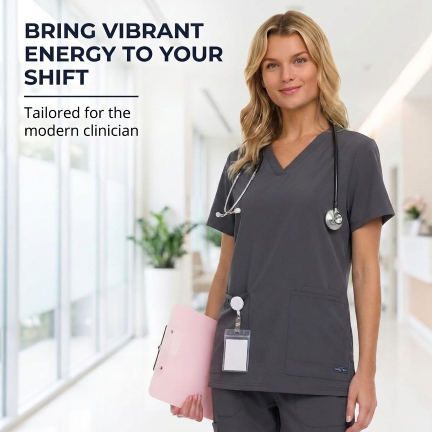 Nautica Scrub Tops Women - Stretch Fabric, Medical Nurse Shirt, V-Neck | Stretch fabric, regular and plus sizes, pen pocket, 2 front pockets; lightweight and breathable for long nursing shifts