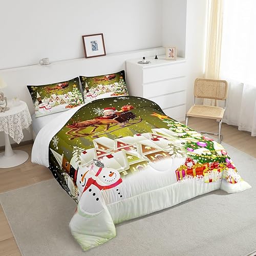 Miniatura 6 de Manfei Juego de edredón de Navidad, tamaño King, juego de edredón de árbol de Navidad, muñeco de nieve con 2 fundas de almohada, juego de ropa de