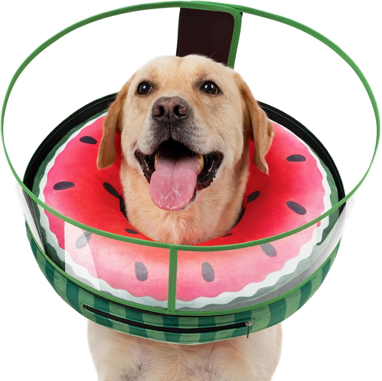 Inflatable Dog Cone, Watermelon Donut Collar After Surgery, Donut Cone with Detachable Anti-Licking Shield, Soft Recovery Collar for Large Medium Pets Does Not Block View