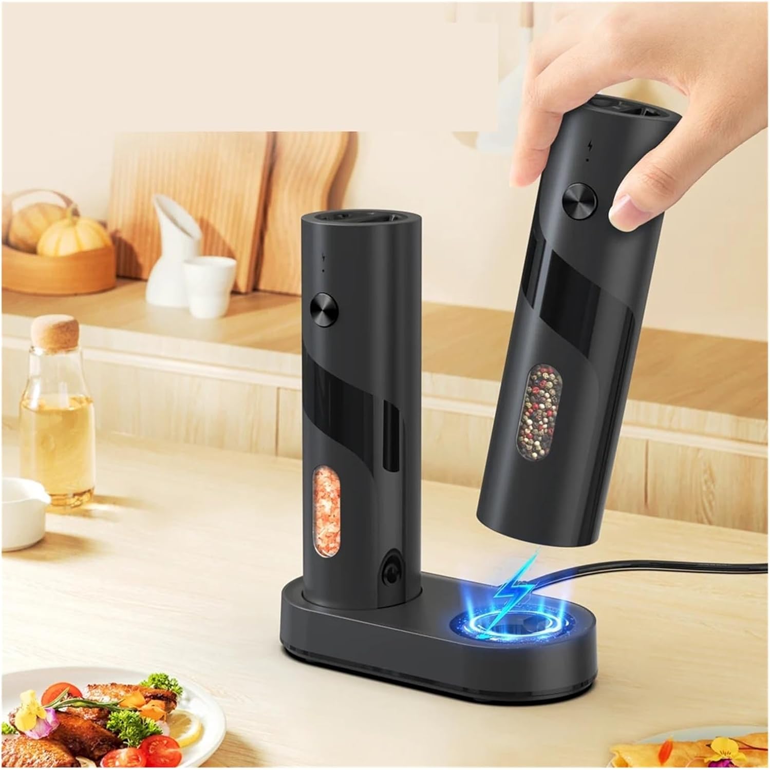 2Pcs Electric Salt And Pepper Grinder Rechargeable Spice Grinders Set 110ml Capacity Automatic Pepper With Charging Base