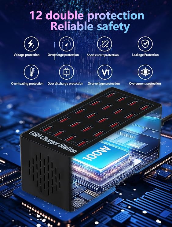 USB Charging Station,100W 20-Port Multi Smart Safety Fast Charger Station for Phone Tablet Watch Headphone PS, Compact Desktop Charger Home Office Travel