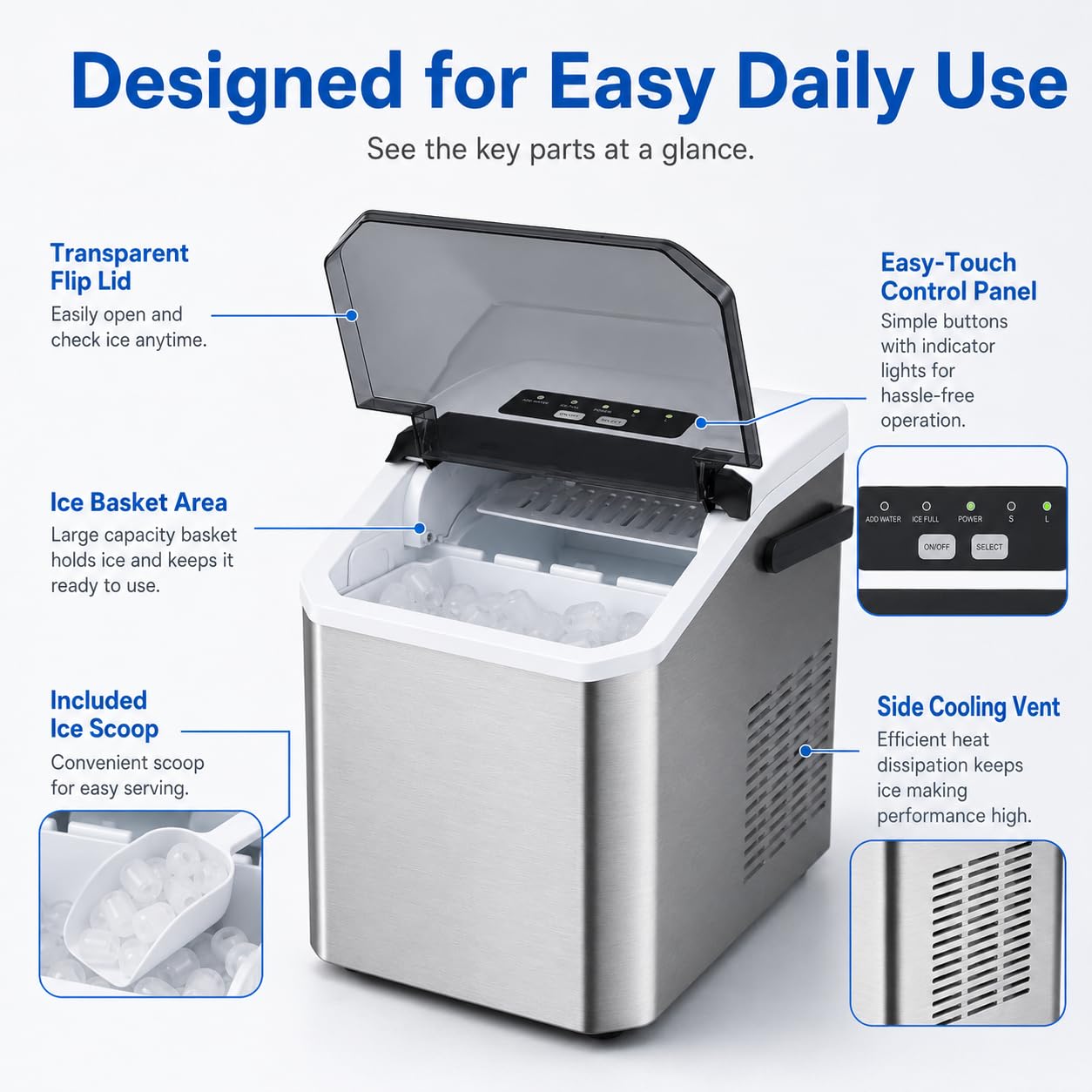 Produttore di Ghiaccio Portatile del controsoffitto, Produce 9 cubi in 6 Minuti, 26 lbs al Giorno, Funzionamento Silenzioso con Auto Pulito, Design Compatto per Le Feste dell'ufficio della Cucina