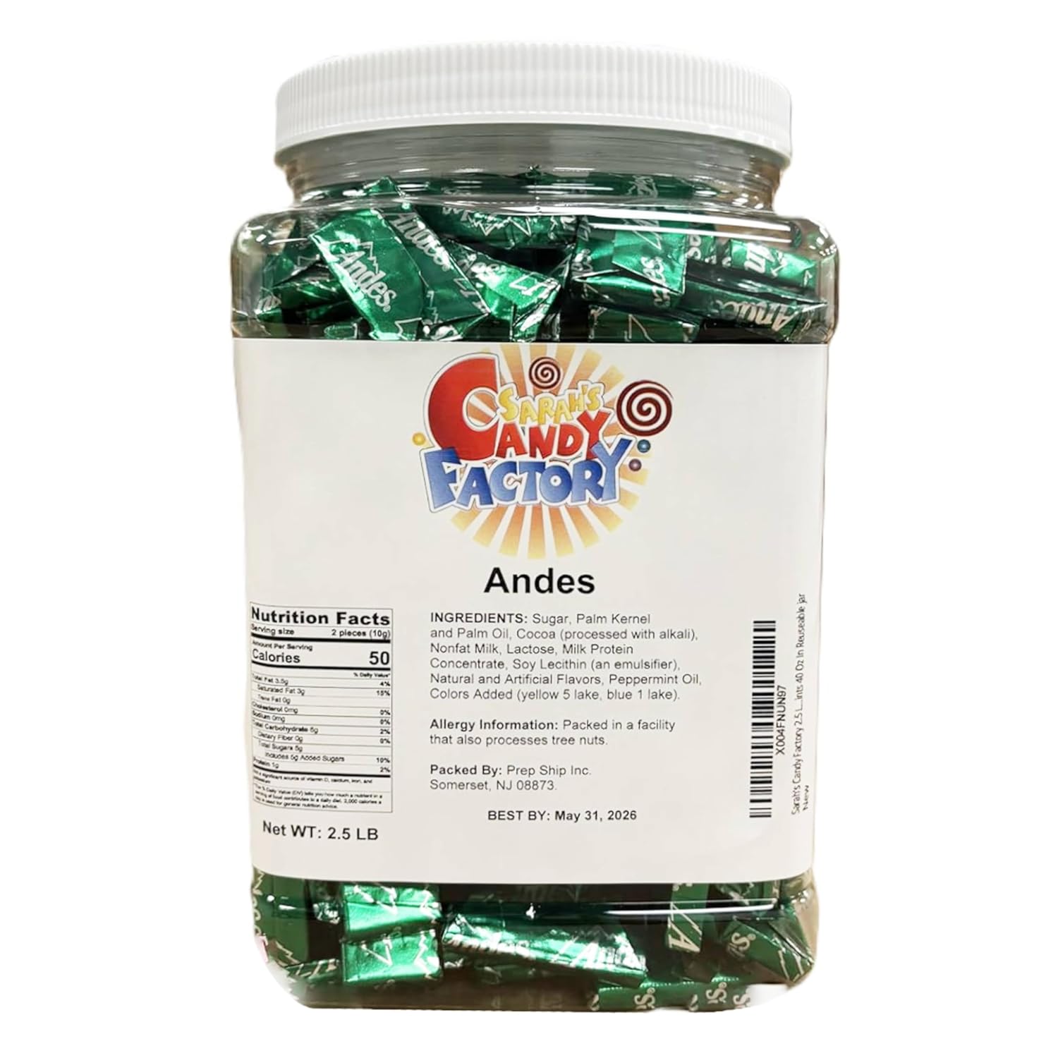 Sarah's Candy Factory 2.5 Lbs Andes Mints, Crème de Menthe After-Dinner Chocolate Mints 40 Oz In Reuseable jar