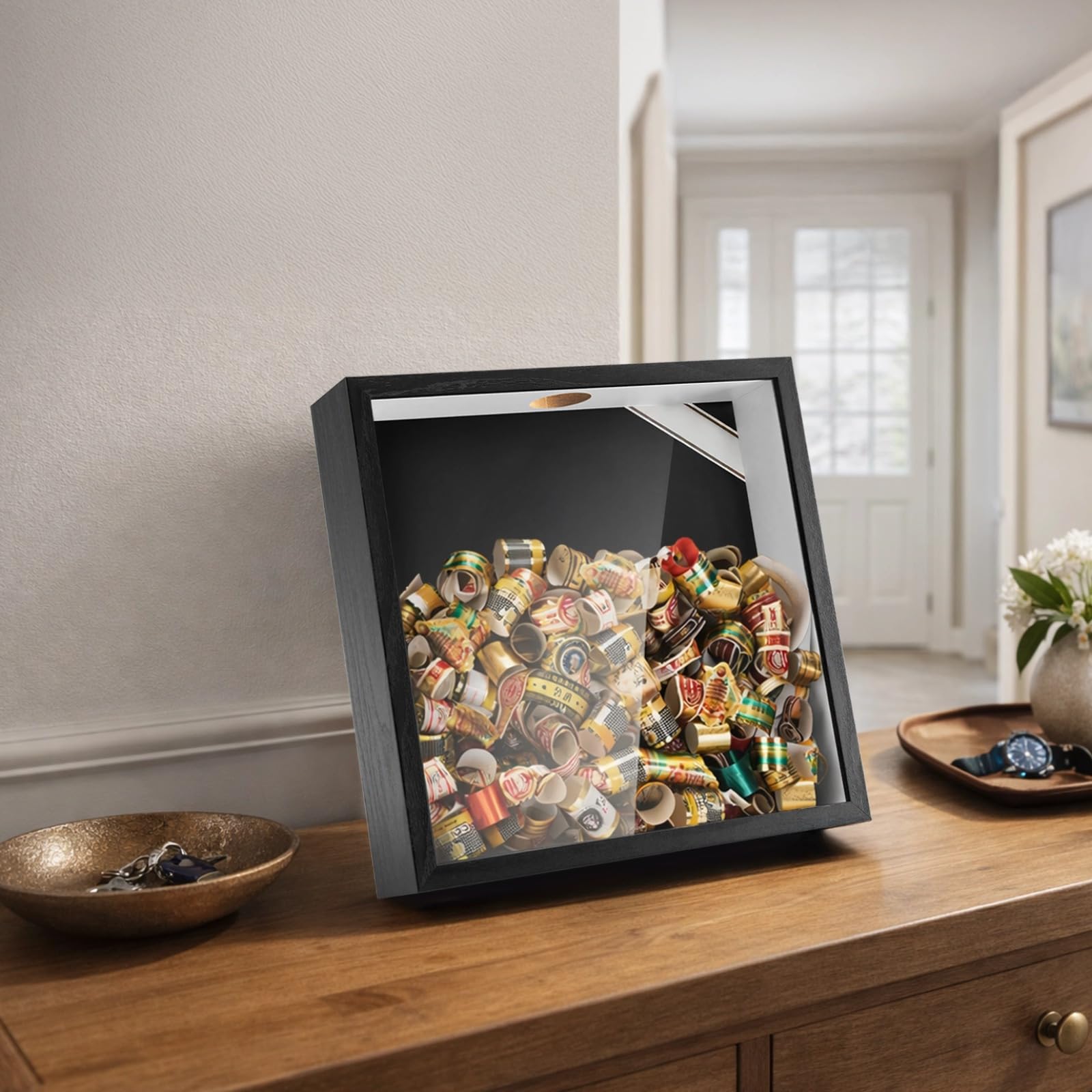 Scatola per sigari da parete, scatola in legno nero con pannello in vetro, design a D personalizzato, 27,2 x 27,2 x 6,6 cm, decorazione per la casa