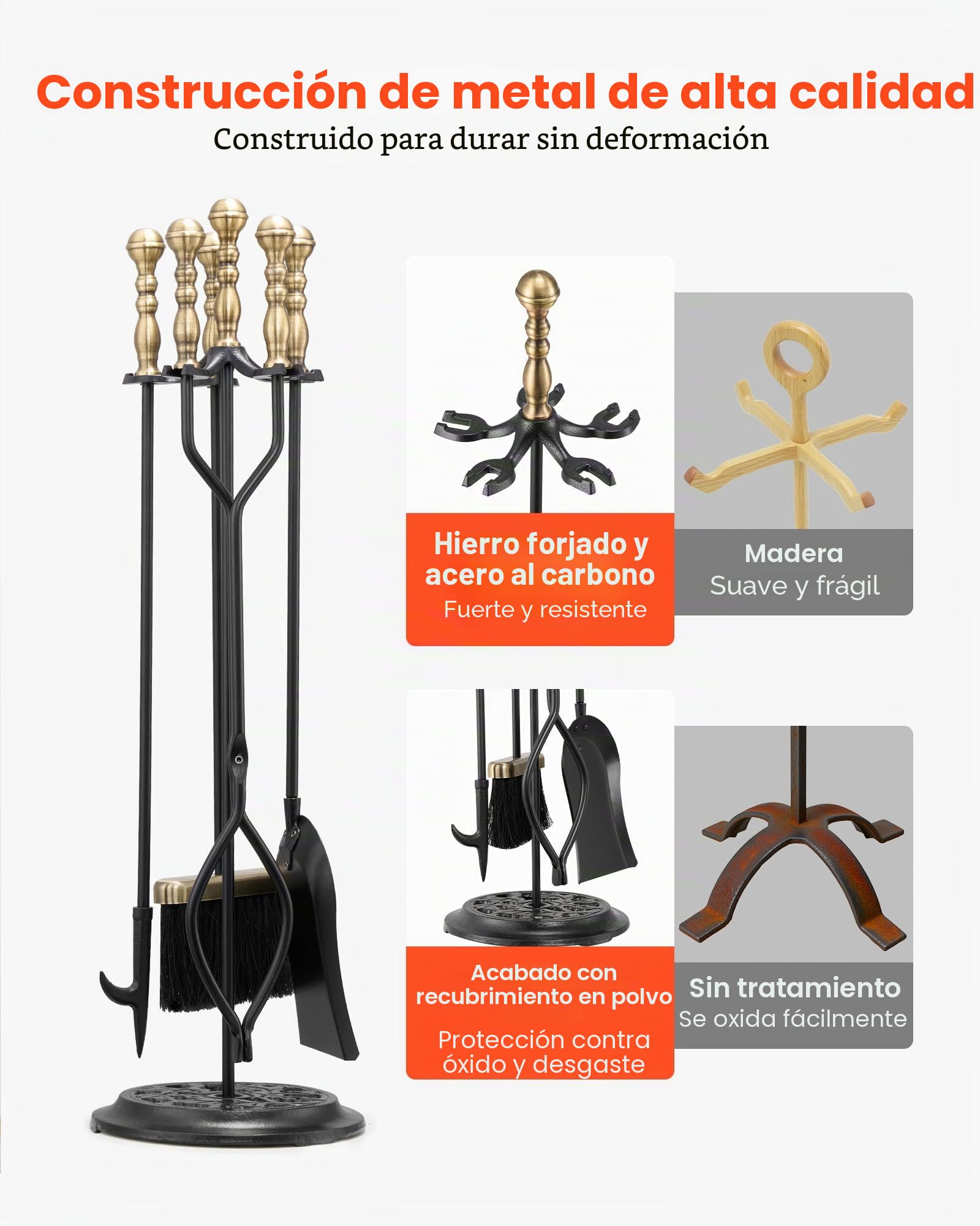 VEVOR Juego de 5 Herramientas para Chimenea de Hierro Forjado, con Soporte de Cinco Puntas, Pinzas, Pala para Cenizas, Cepillo y Atizador, Interior y Exterior, Negro y Latón, 770 x 225 x 225 mm