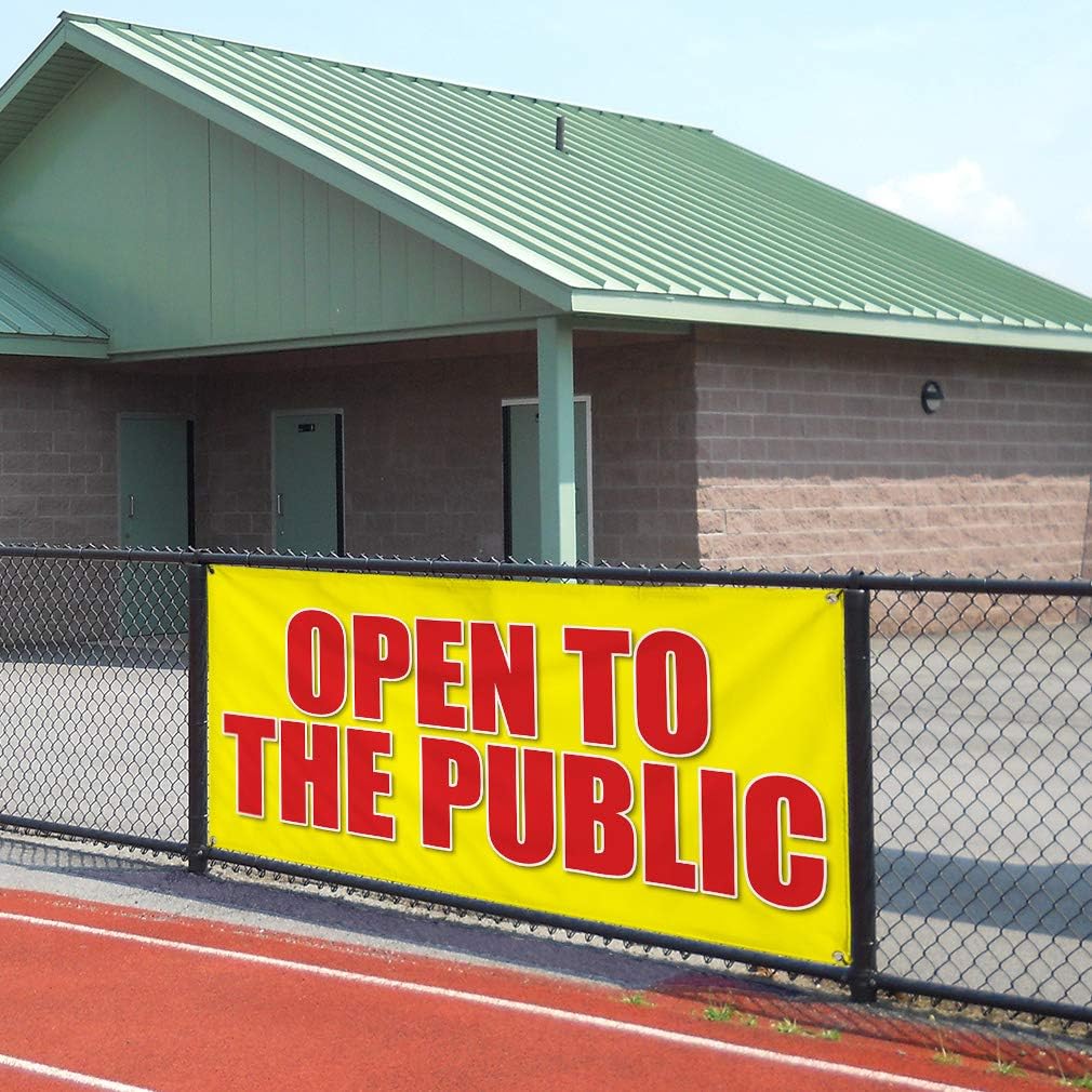 Vinyl Banner Multiple Sizes Open to The Public Advertising Printing D Business Outdoor Weatherproof Industrial Yard Signs Yellow 4 Grommets Design Only 24x48Inches