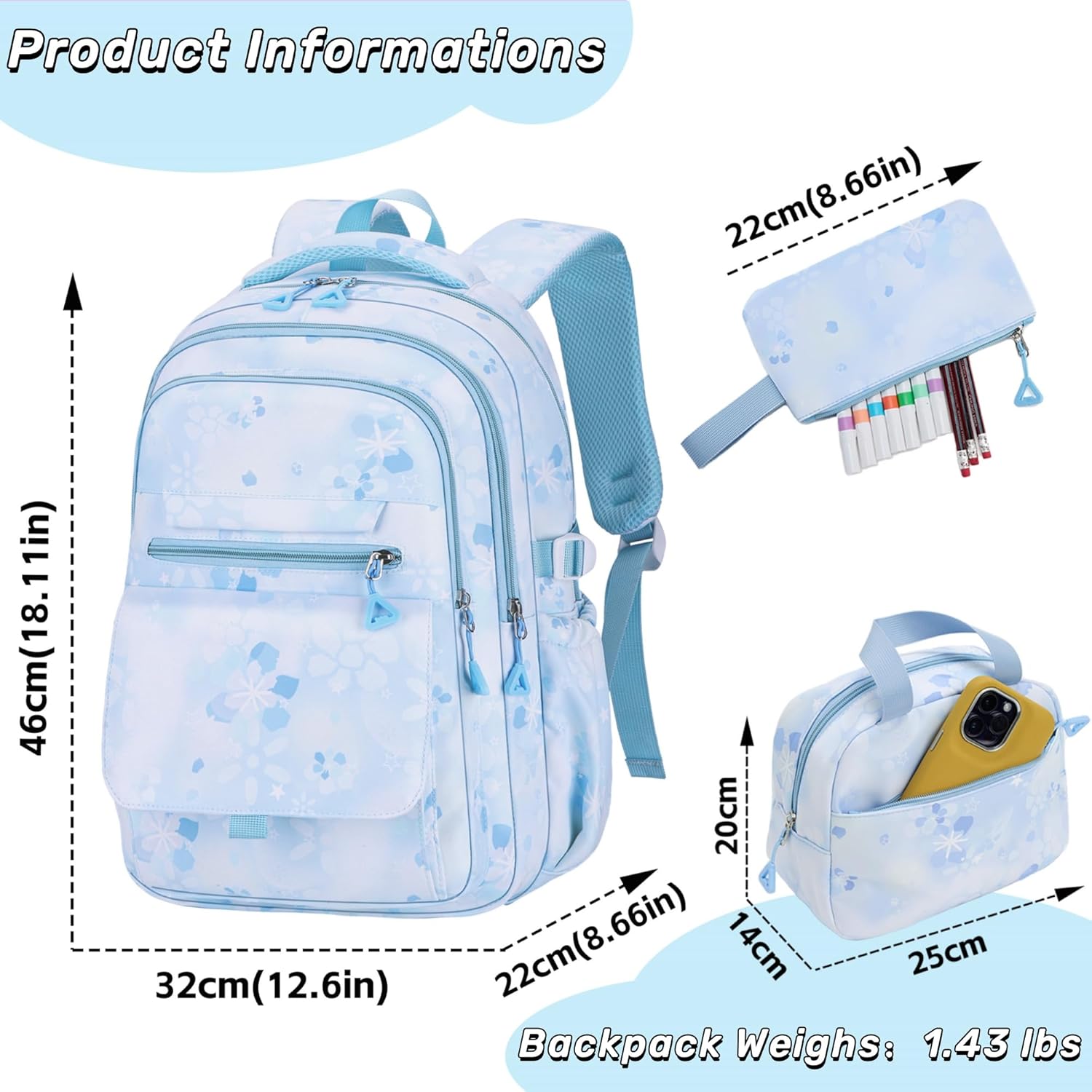 Kids Backpack for Girls Flower schoolbag with Lunch Bag & Pen Case Waterproof Girl Bookbag for Elementary school (blue) - Image 3