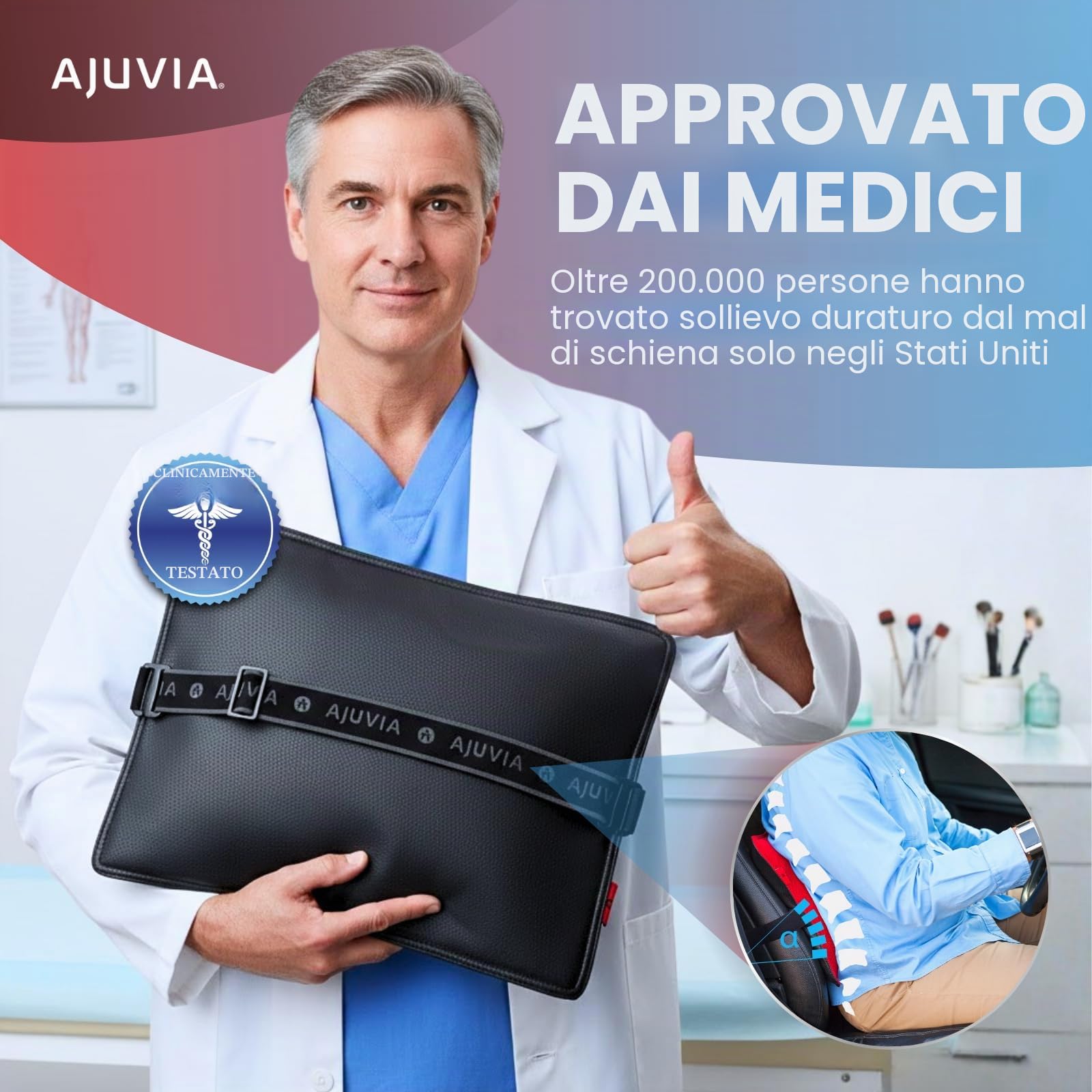 AJUVIA - Cuscino protettivo per la schiena per sollievo dal dolore rapido in 3 secondi, 6 in 1, ortopedico per sedia da ufficio e seggiolino auto