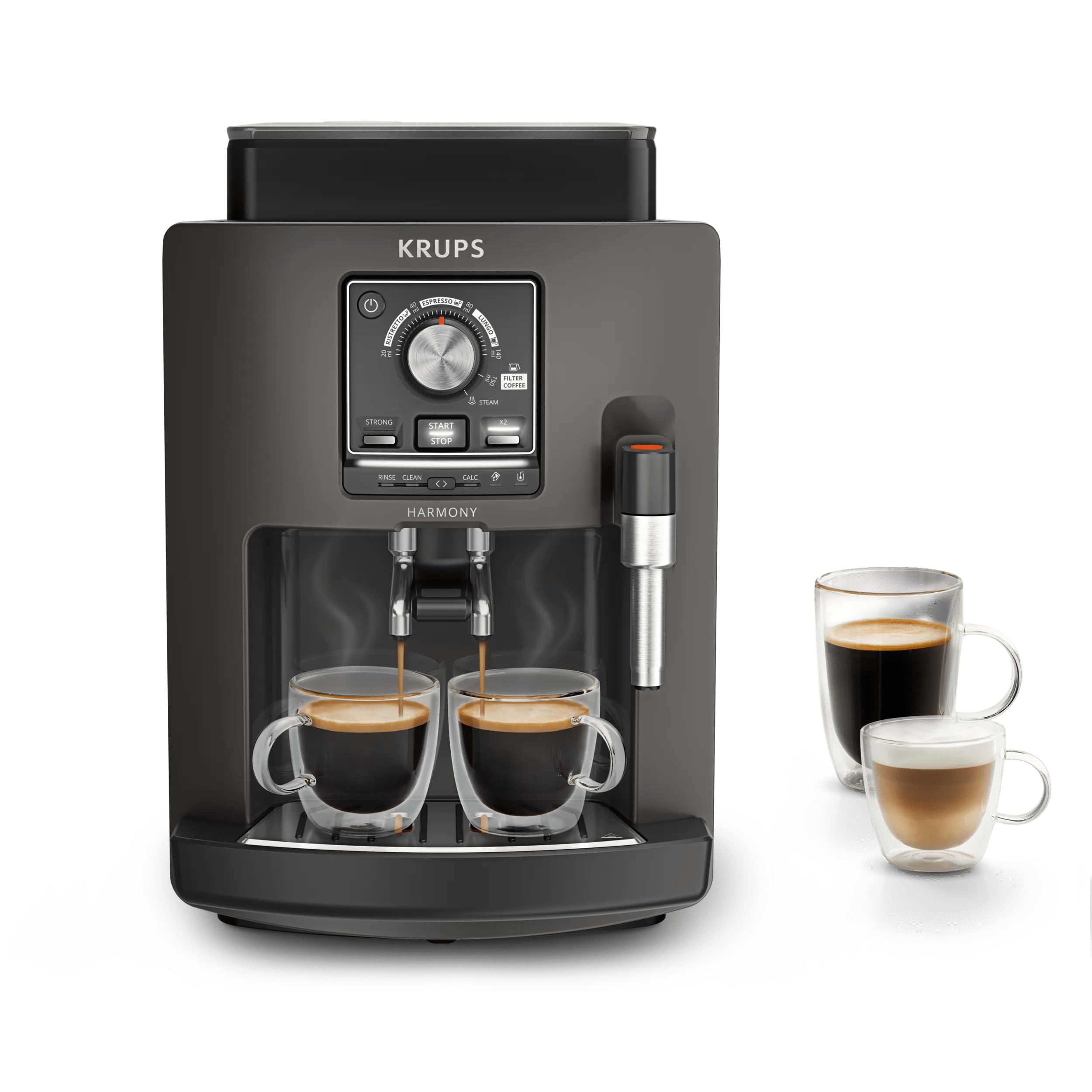 Krups EA508B Harmony automatyczny ekspres do kawy, z dyszą parową, 4 napoje kawowe, automatyczne czyszczenie, 2 filiżanki na raz, węgiel
