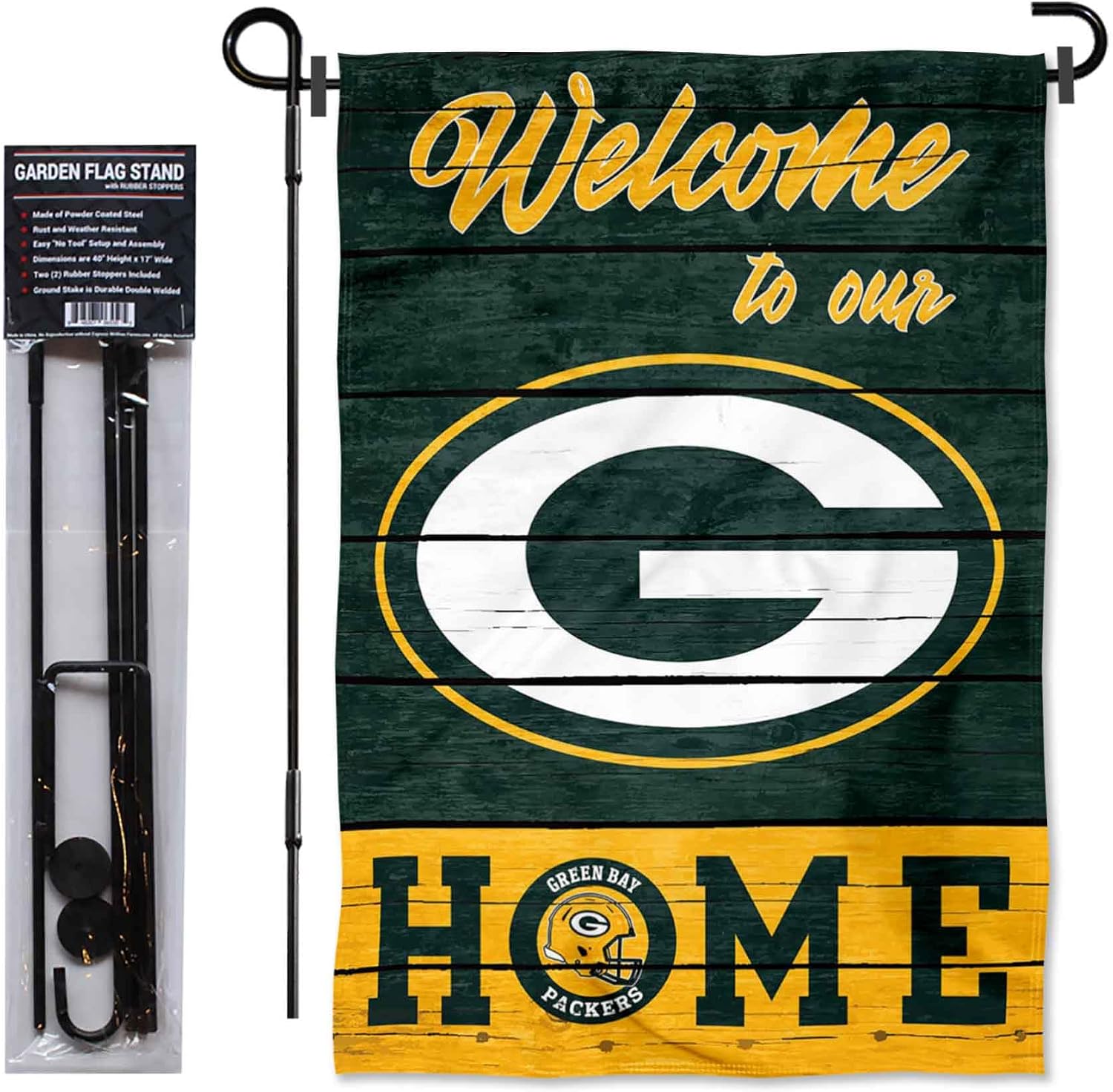 Green Bay Packers Welcome To Our Home Garden Flag and Flagpole Mount