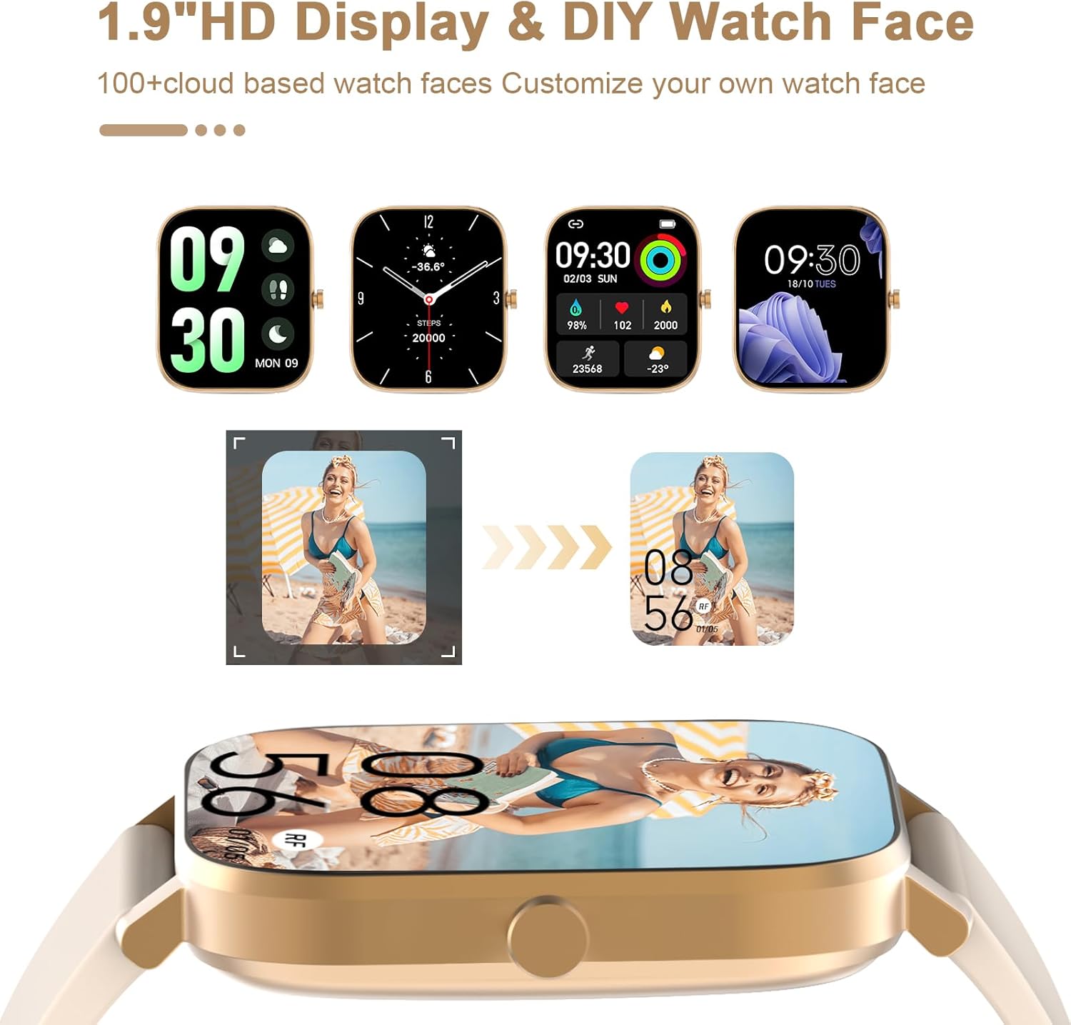 Smart Watch for Men Women Compatible with iPhone Samsung Android Phone 1.69 inch Full Touch Screen IP68 Waterproof Bluetooh Fitness Tracker Heart Rate/Sleep Monitor (Gold) - Image 6