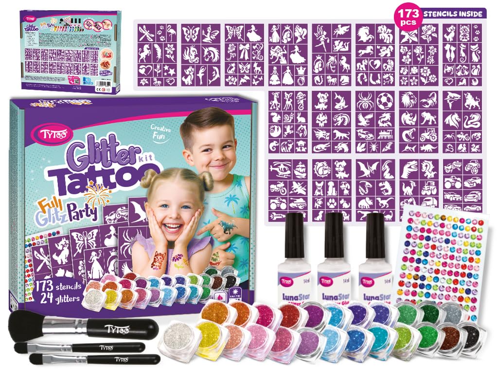 TyToo GlitzParty zestaw brokatowych tatuaży dla dzieci, szablony i kolory brokatu, przyjazny dla skóry, wodoodporny, testowany dermatologicznie, zestaw do makijażu na urodziny i imprezę rodzinną (Full