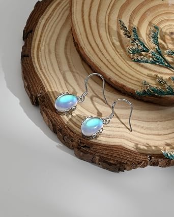 925 Sterling Silver Moonstone Dangle Earrings for Women - Vintage Boho Hypoallergenic Drop Earrings, Elegant Natural Gemstone Jewellery Gift