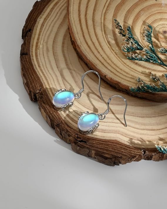 925 Sterling Silver Moonstone Dangle Earrings for Women - Vintage Boho Hypoallergenic Drop Earrings, Elegant Natural Gemstone Jewellery Gift