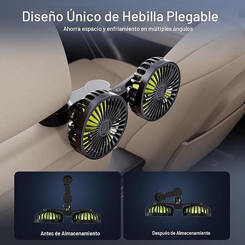 Miniatura 5 de Ventiladores de refrigeración USB para asiento trasero ventilador de coche de doble cabezal para niños, 3 velocidades, ventiladores giratorios de