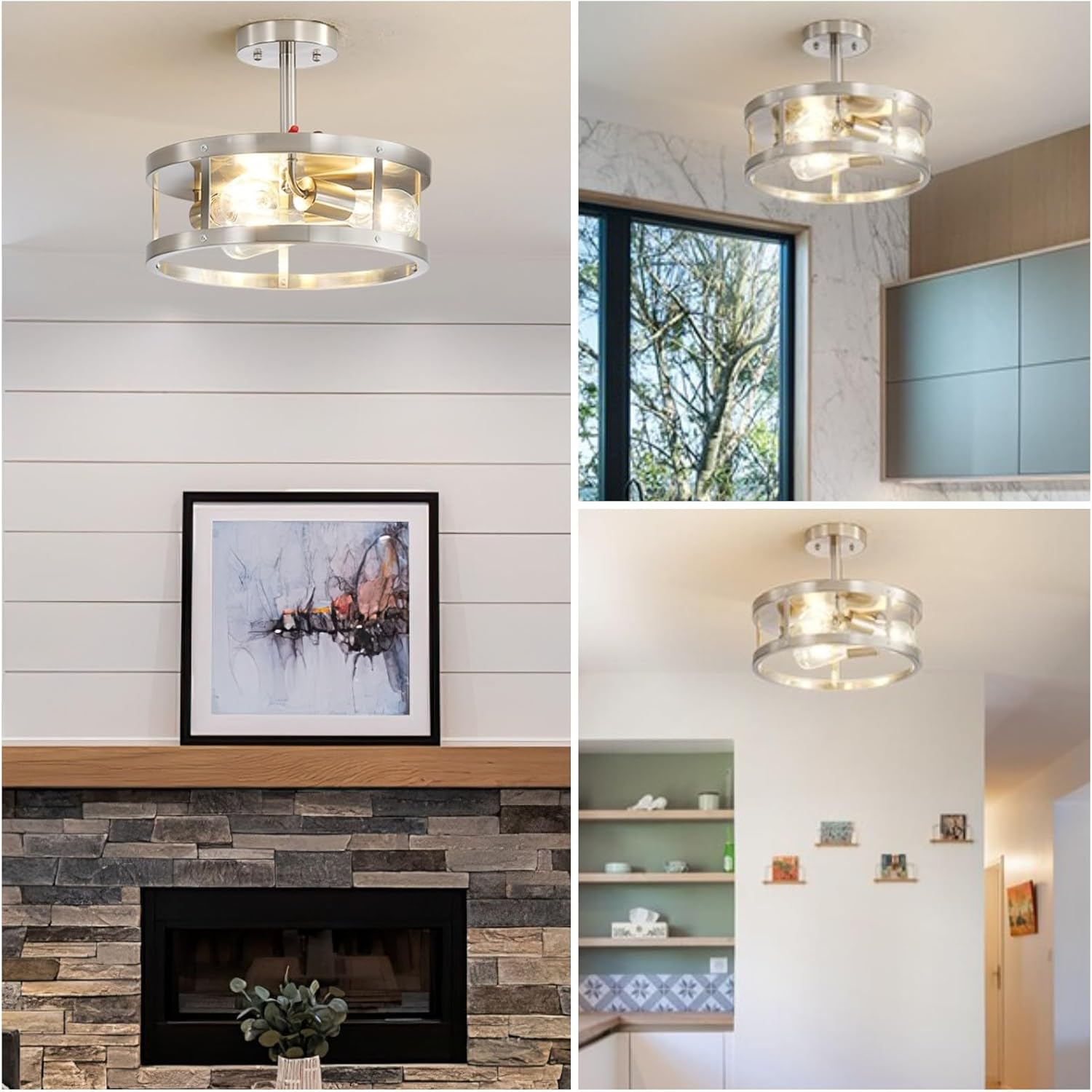 Brushed Nickel Semi Flush Mount Ceiling Light, 3-Light Indoor Close to Ceiling Light Fixtures, 13 Inch Metal Cage Drun Modern House Ceiling Lights for Kitchen Bedroom Foyer Office，Easy Assembled