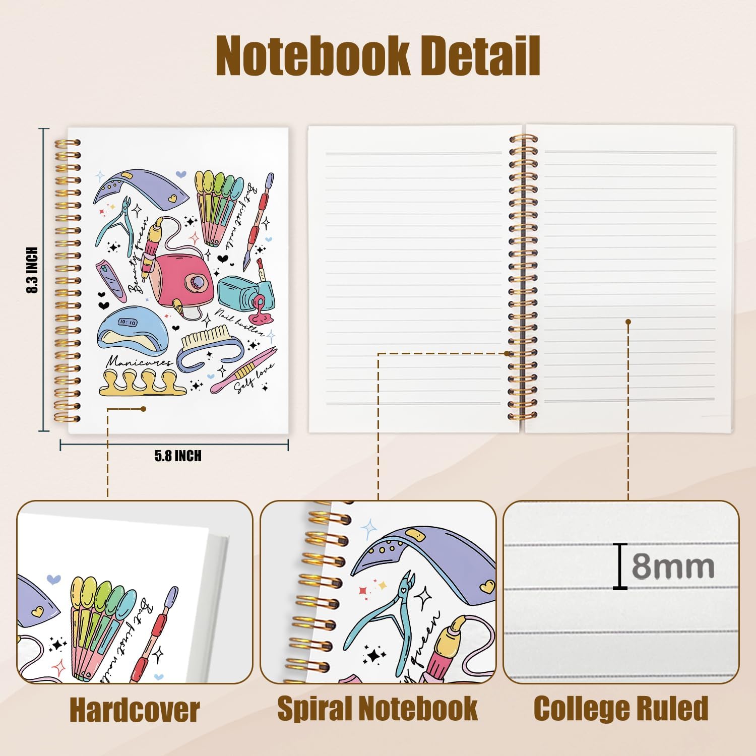 NATSUNO Nail Tech Gifts Tech Spiral Notebook Journal 5.5x8.3in, Beautician Manicurist Gifts for Women Notebooks for Note Taking, Nail Artist Technician Gifts Journaling Hardcover Notebook image 2