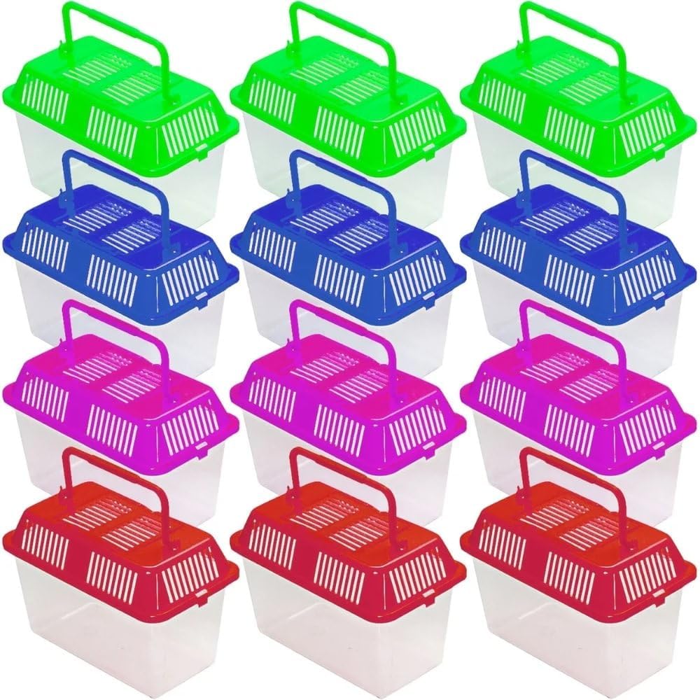 Fun Express - Clear Plastic Aquariums with Colored Lids - Amphibia Container Tortoise Living Tank Goldfish - Aquarium Handle Small World Habitat - 12 Pieces