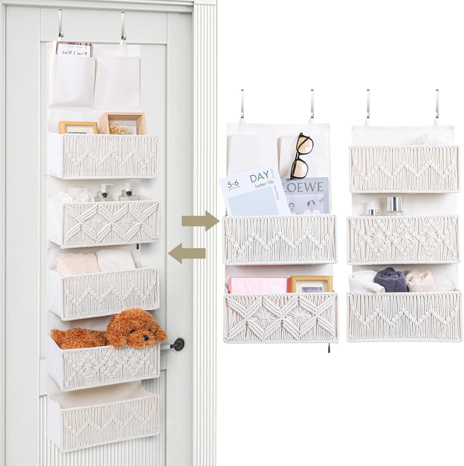 ANTIS'S HOME Over the Door Organizer Macrame Boho Nursery Storage with 5 Large Woven Pockets, Hanging Closet Basket for Bathroom or Nursery, Behind the Door Storage Organizer