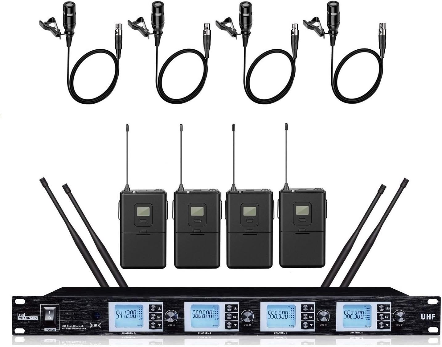 4 Channels Wireless Lavalier Lapel Microphone System UHF 4 Collar Tie Clip Mics, Reliable 4 Antenna Reception, Adjustable Frequencies, 1U Rack Mountable MSEU4200