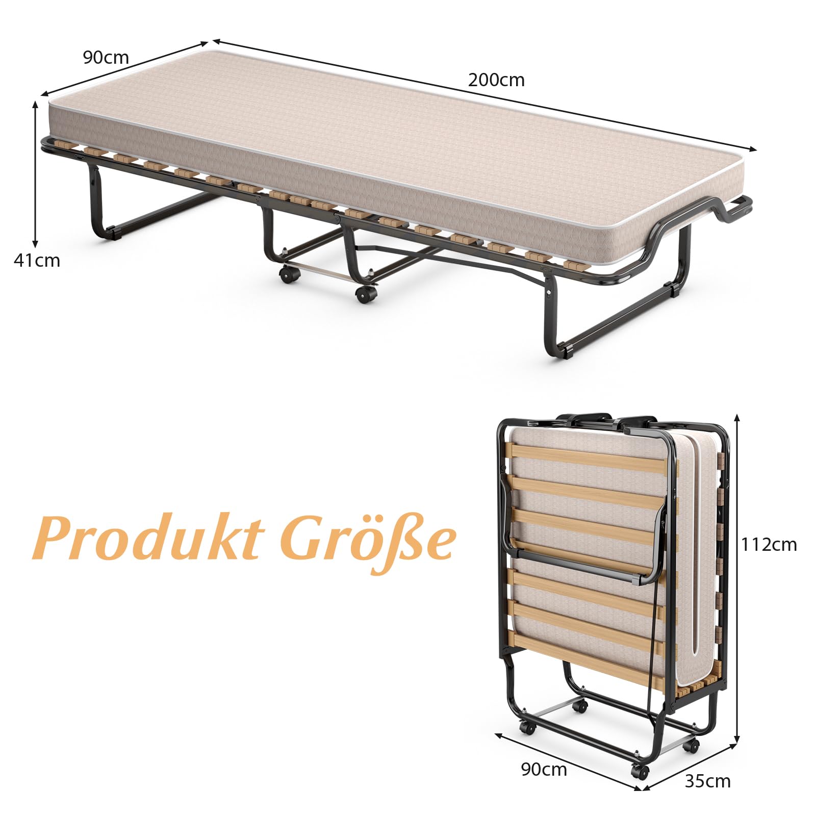 GOPLUS Łóżko dla gości, 90 x 200 cm, pojedyncze łóżko składane z materacem z pianki memory, stalowa rama, 4 uniwersalne kółka, składane łóżko do pokoju gościnnego, salonu, na kemping i do biura