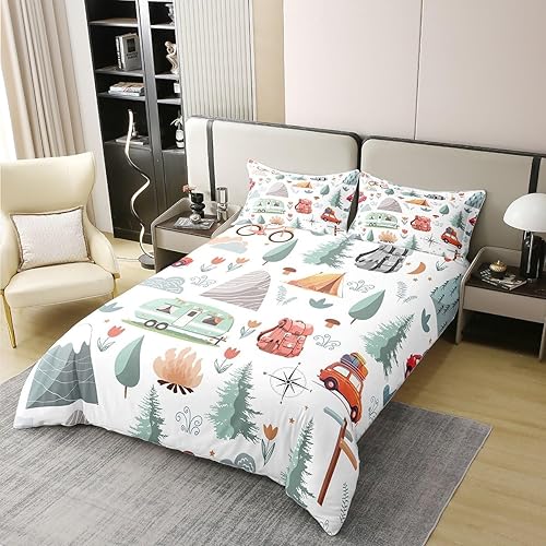 Miniatura 2 de Funda de edredón 100% algodón con temática de cámper para niños, juego de ropa de cama de camping feliz, funda de edredón de accesorios de viaje,
