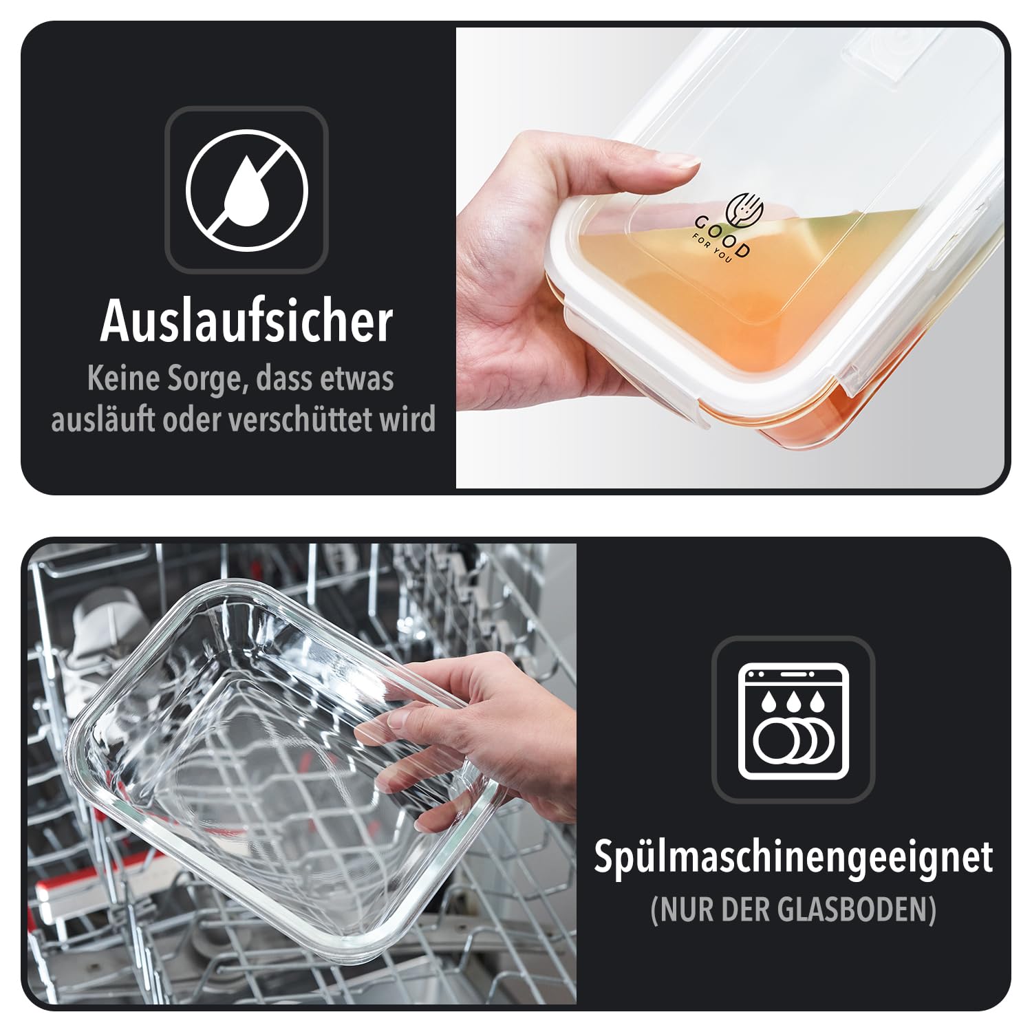 GOOD FOR YOU - Glas-Frischhaltedosen Set – 5er Set Meal Prep Boxen, Frischhaltedosen mit Deckel, BPA-frei, Mikrowellen- & Spülmaschinengeeignet (850 ml)