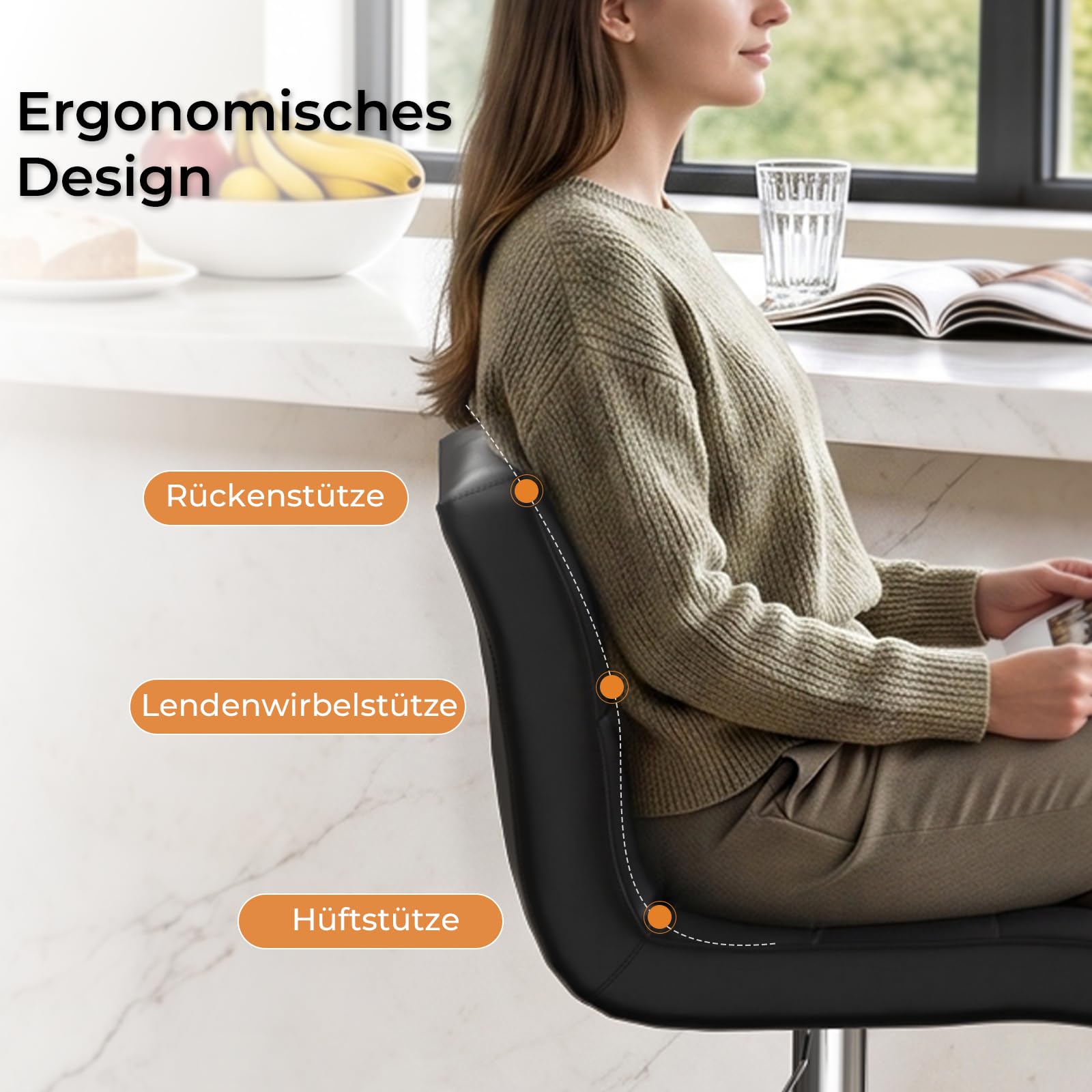 Bigzzia Barhocker 2er Set, Barhocker mit Lehne, Höhenverstellbar, PU-Leder Gepolsterter Barstuhl mit Rückenlehne und Fußstütze, 360° Drehbar, für Küche, Theke, Bar, Schwarz