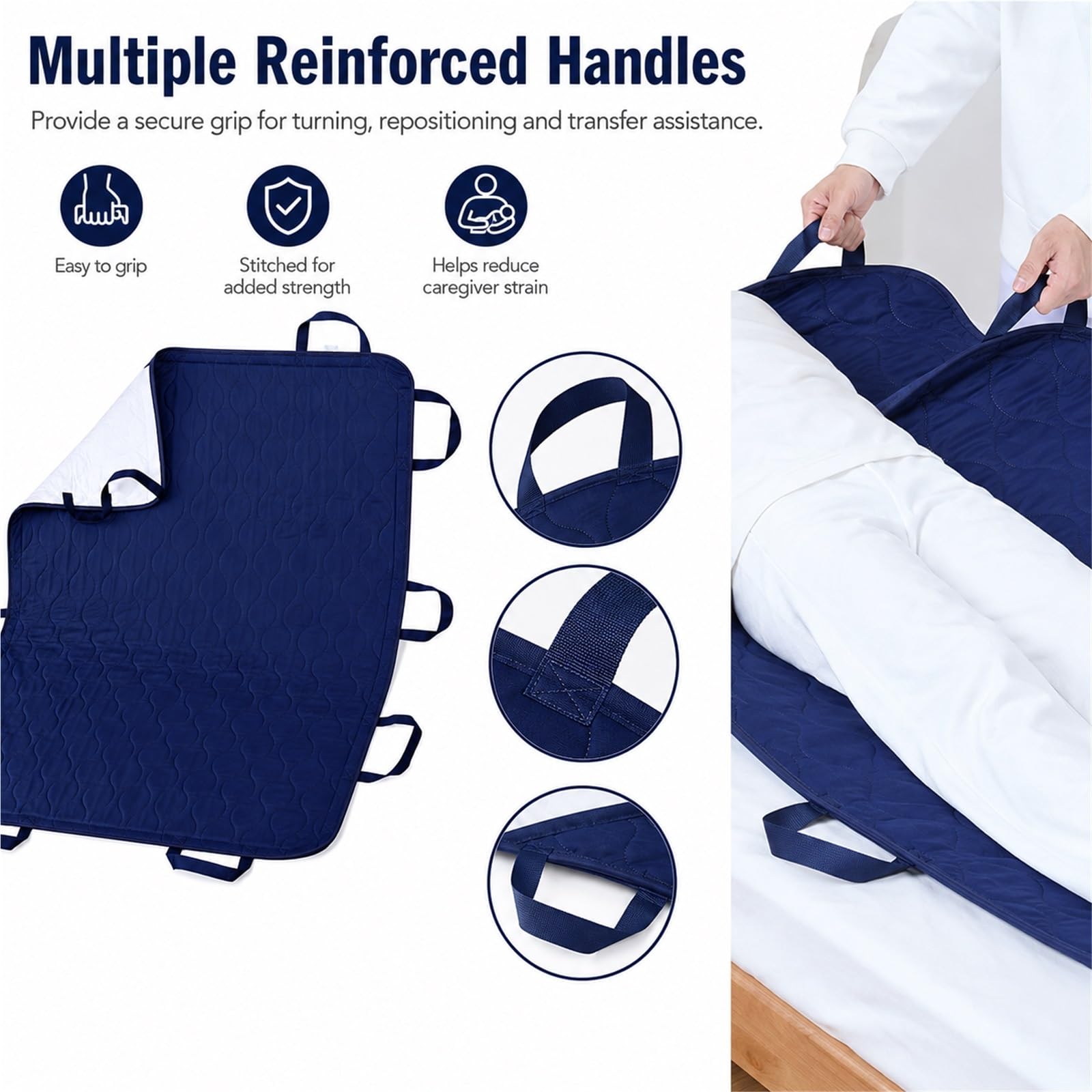 Empapadores de Cama Lavables con 10 Asas Sábana de Transferencia de Pacientes Impermeable Almohadilla de Posicionamiento Reutilizable para Personas(5layers 8 handles blue grid90*150)