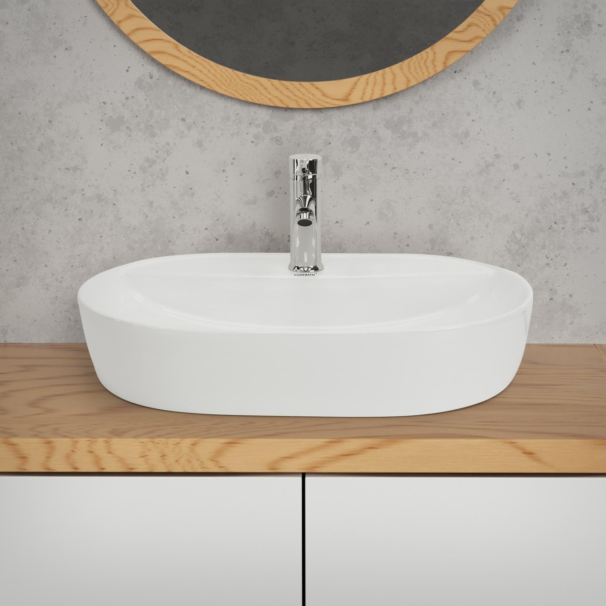 ML-Design Lavabo de Cerámica Blanco Brillante 60x40x12 cm Fregadero Ovalado de Pared o Sobre Encimera Pila de Diseño Moderno Lavamanos para Mueble de Baño Aseo con Agujero para Grifo y Desagüe