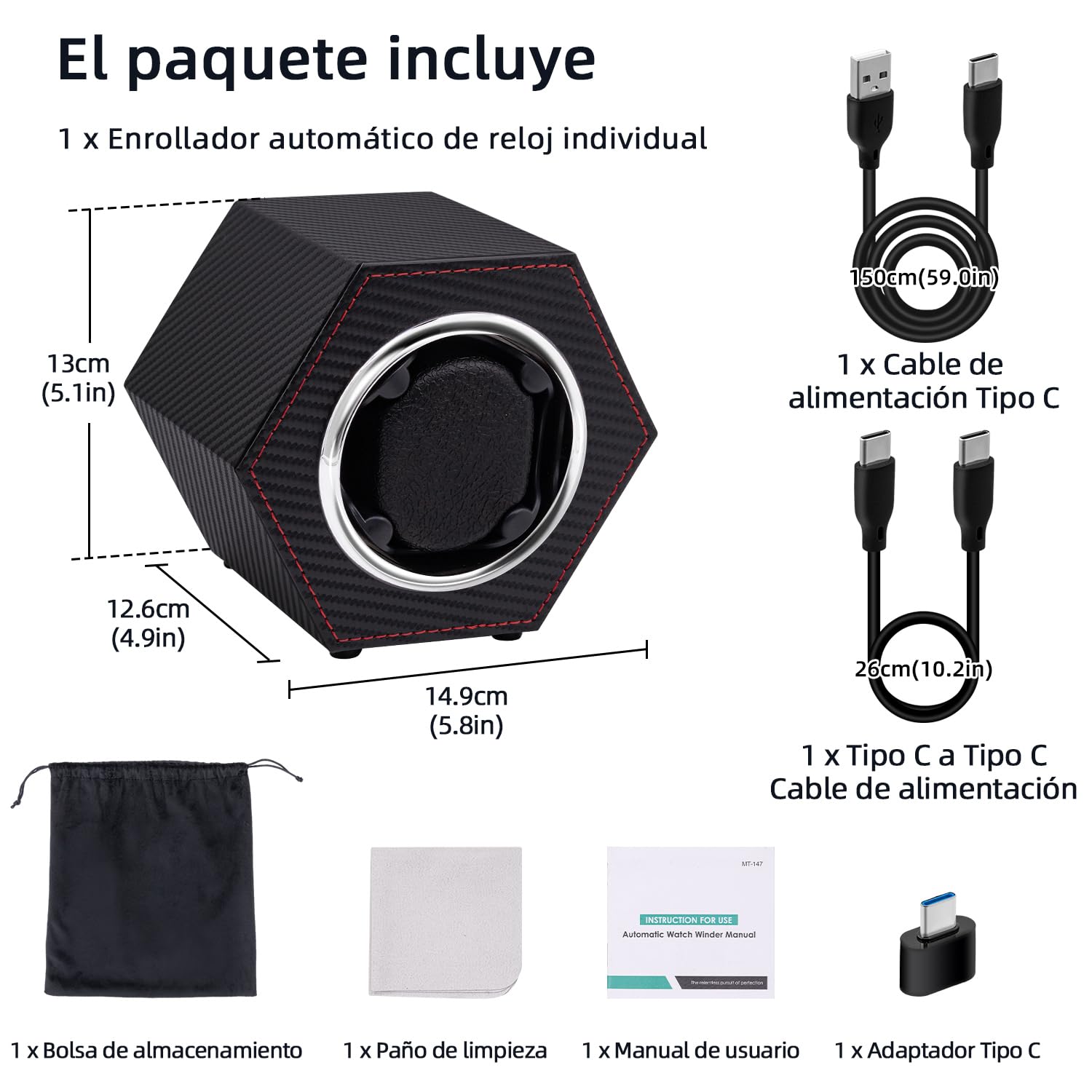 Mcbazel Bobinador automático de reloj, caja de reloj de piel sintética, reloj individual para 1 reloj de pulsera con motor silencioso, giratorio automático alimentado por USB C