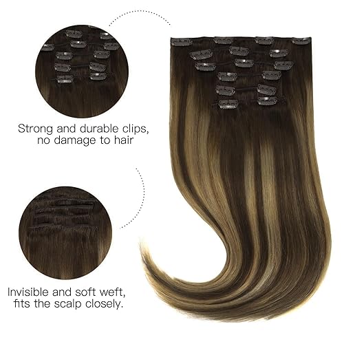 Miniatura 2 de hotbanana - Extensiones de cabello con clip, de cabello humano real, color marrón chocolate degradado Balayage a rubio caramelo, extensiones de