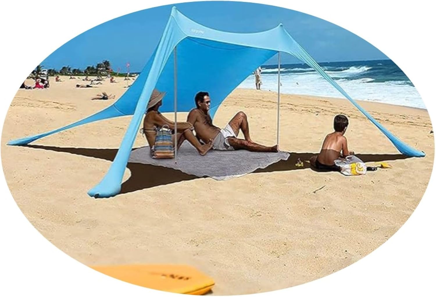 Beach Tent Sun Shelter, 7 x 7 FT Beach Canopy Tent Sun Shade with 4 Sandbags, 2 Poles, Elastic Cords, Sand Shovel + 4 Ground Pegs UPF50+ Beach Shade Canopy for Outdoor Camping, Fishing 7ft x 7ft