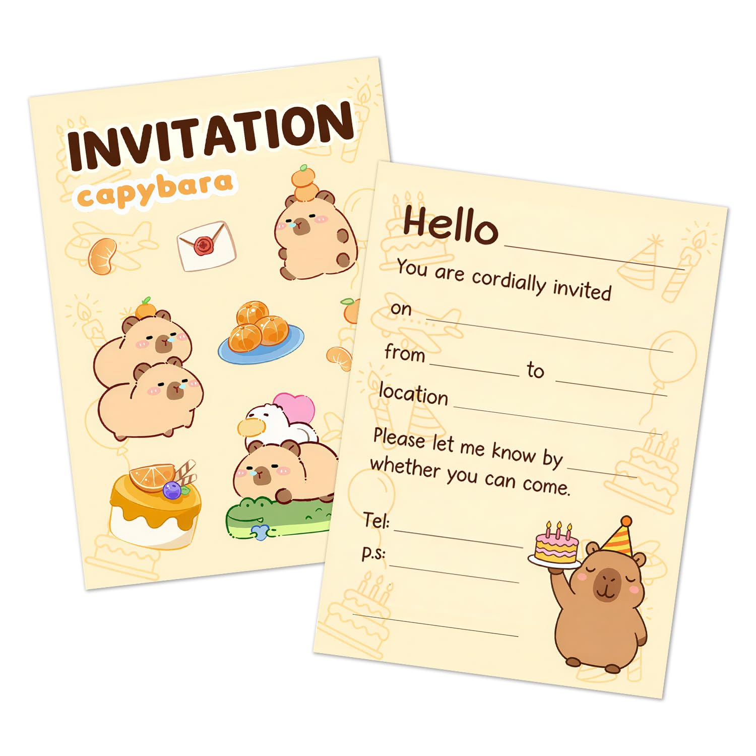 12Pcs Party Invitations Kids, Cute Capybara Birthday Invitations for Girls, Kids, Double-Sided Cartoon Party Invites Cards for Celebration, Baby Shower, 10.5x14.8cm