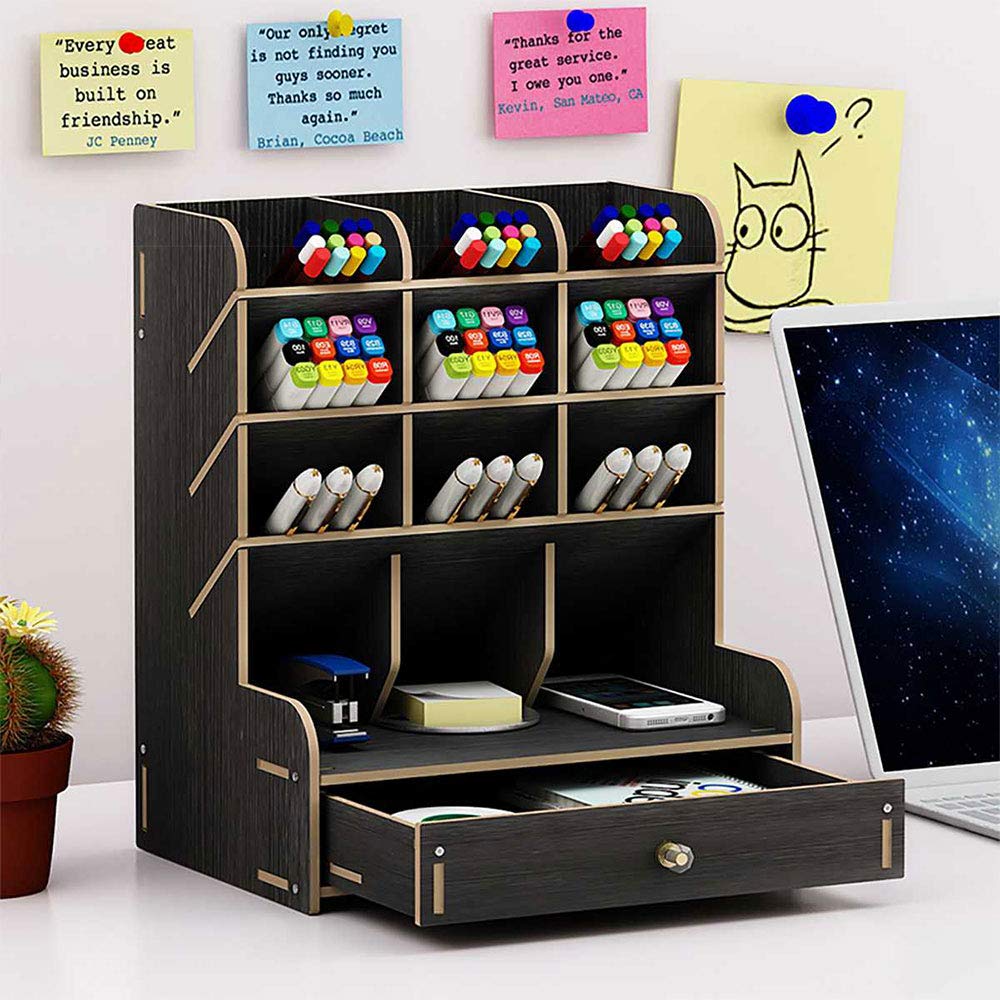 Grande capacité de rangement de bureau, multifonction pour fournitures de bureau, fournitures de papeterie, boîte de rangement en bois massif support de rangement pour étagère à débris B13 jaune clair