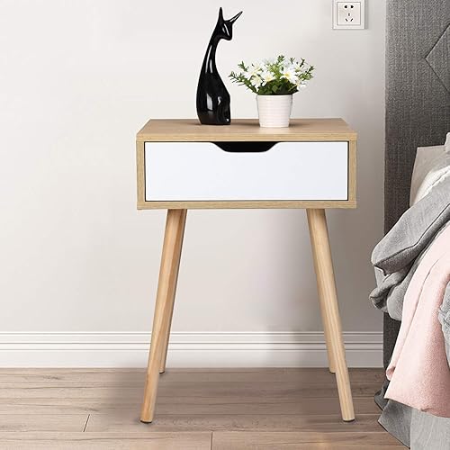 Miniatura 10 de Bonnlo Juego de 2 mesitas de noche Wood&White con cajón espacioso y patas de madera maciza para sala de estar, dormitorio, dormitorio