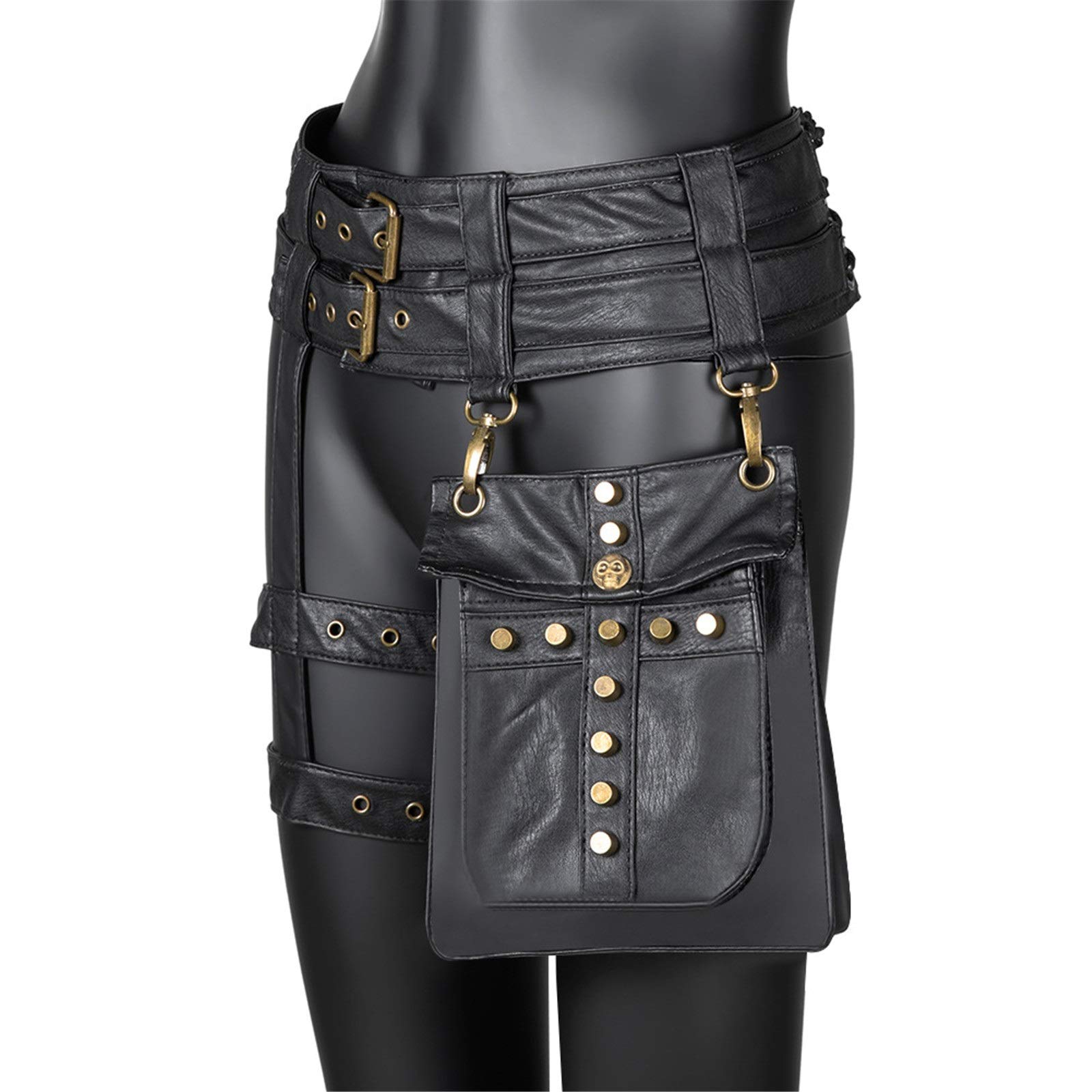 Leder Steampunk Tasche Damen Motorrad PU Gürteltasche Retro Kleidung Zubehör Gürteltasche Schwarz für Wandern Camping Trekking