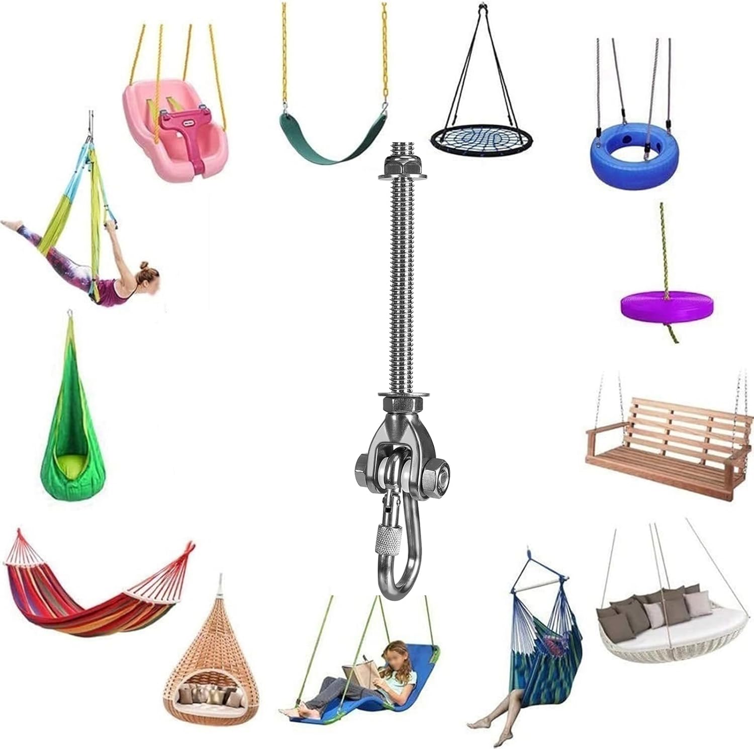 4 Heavy Duty Swing Hangers 180° Swing Seat Hardware Replacement Stainless Steel Swing Hooks 800LBS Capacity Playground Hammock Chair Porch Swing
