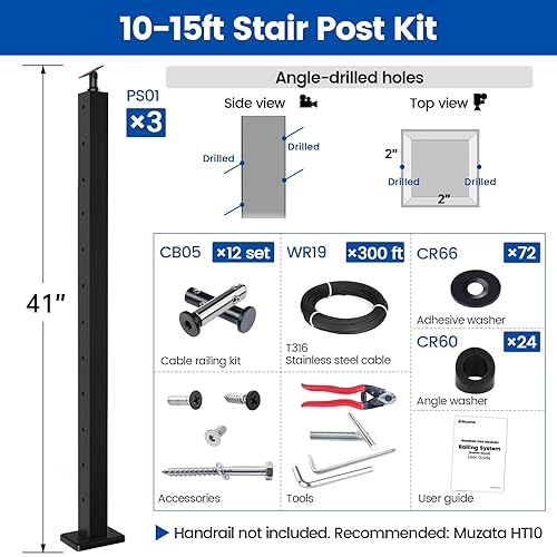 Miniatura 2 de Muzata Kit de barandilla de cable modular negro de 10 a 15 pies, kit de 3 postes de escalera de 42 pulgadas, juego completo de sistema de barandilla