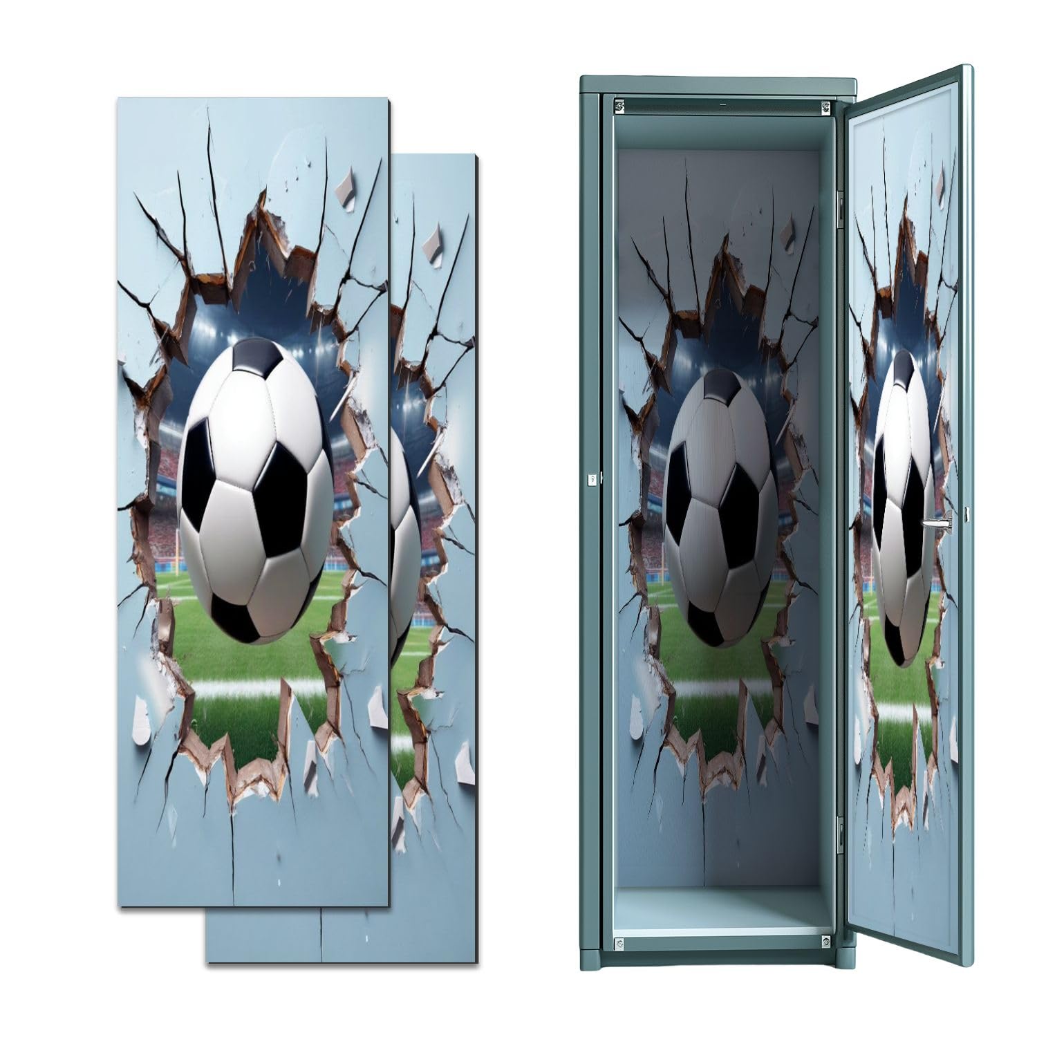 2 Pcs Locker Magnetic Wallpaper 3D Football Wall Stickers Decals Boys Room Soccer Art Decal 12" x 36" Wall Magnetic Sticker Removable Locker Accessories Decor Easy Install for Office School