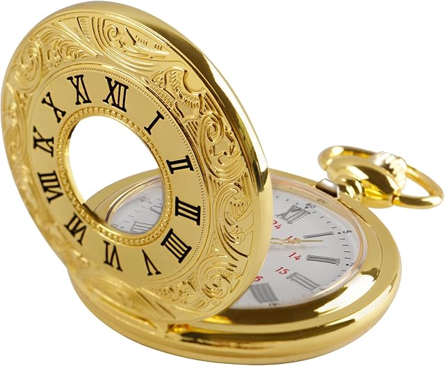 Tiong Vintage Roman Number Quartz Steampunk Pocket Watch with Chain for Men Birthday Christmas Gifts