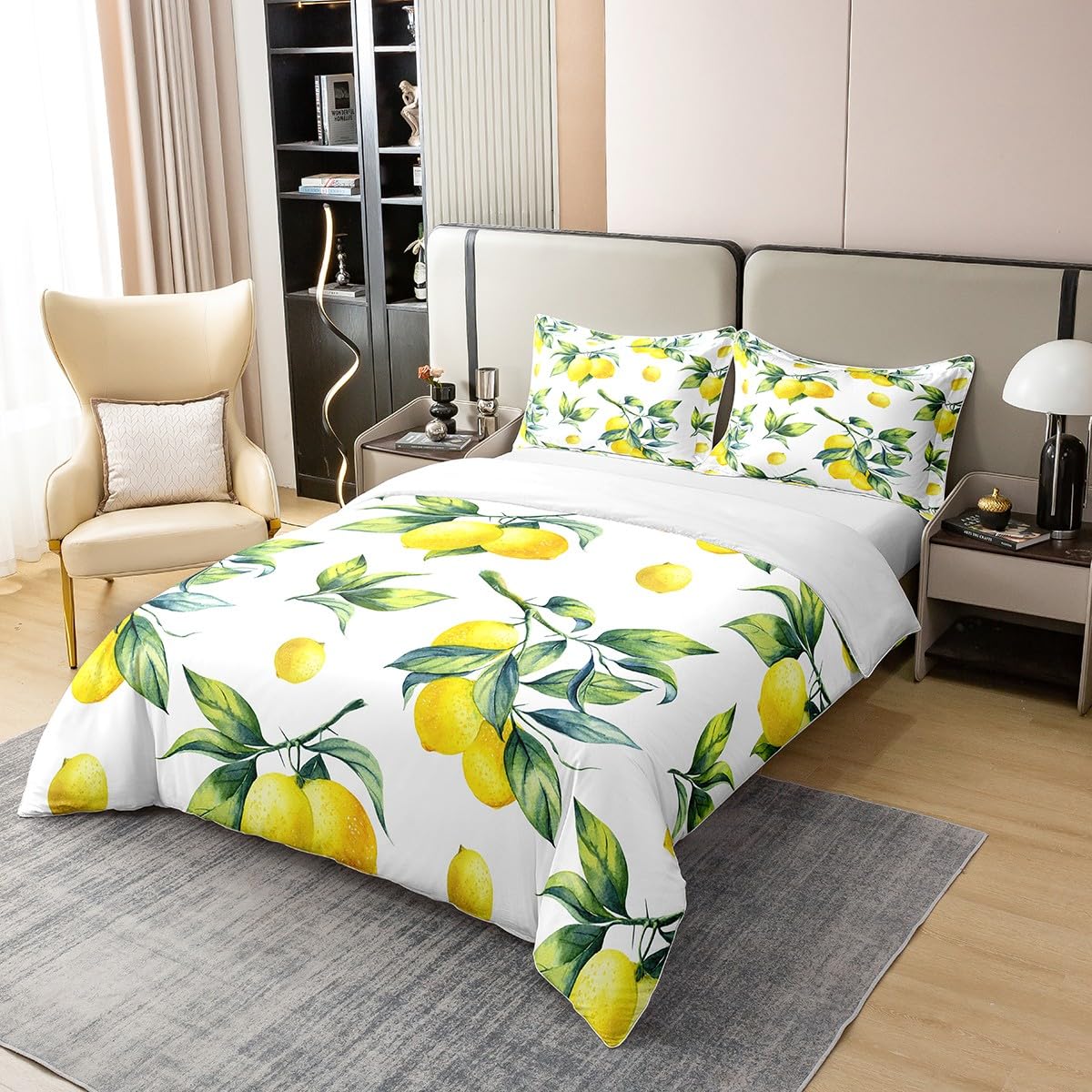 Loussiesd Zitrone 100% Baumwolle Bettwäsche Set 135x200cm Botanical Lemon Muster Betten Set Raum Dekorative Tropische Früchte Bettbezug Set Baumwolle für Schlafzimmer Gelb Grün Bettwäsche-Set