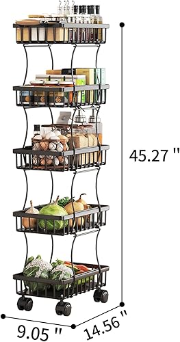 Miniatura 28 de Wisdom Star Cesta de frutas de 5 niveles para cocina, carrito de almacenamiento de verduras con mesa de madera, cesta de verduras para cebollas y