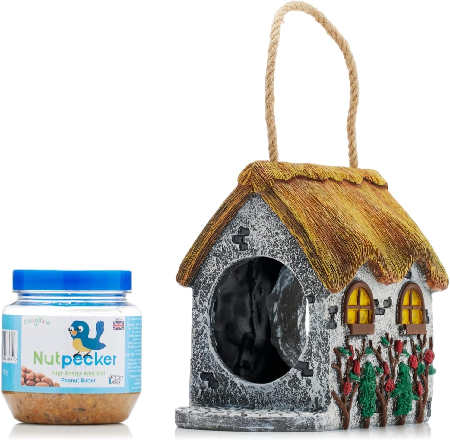 Grumpy Gardener Thatched Cottage Bird Feeder and 330g Jar of Nutpecker ...