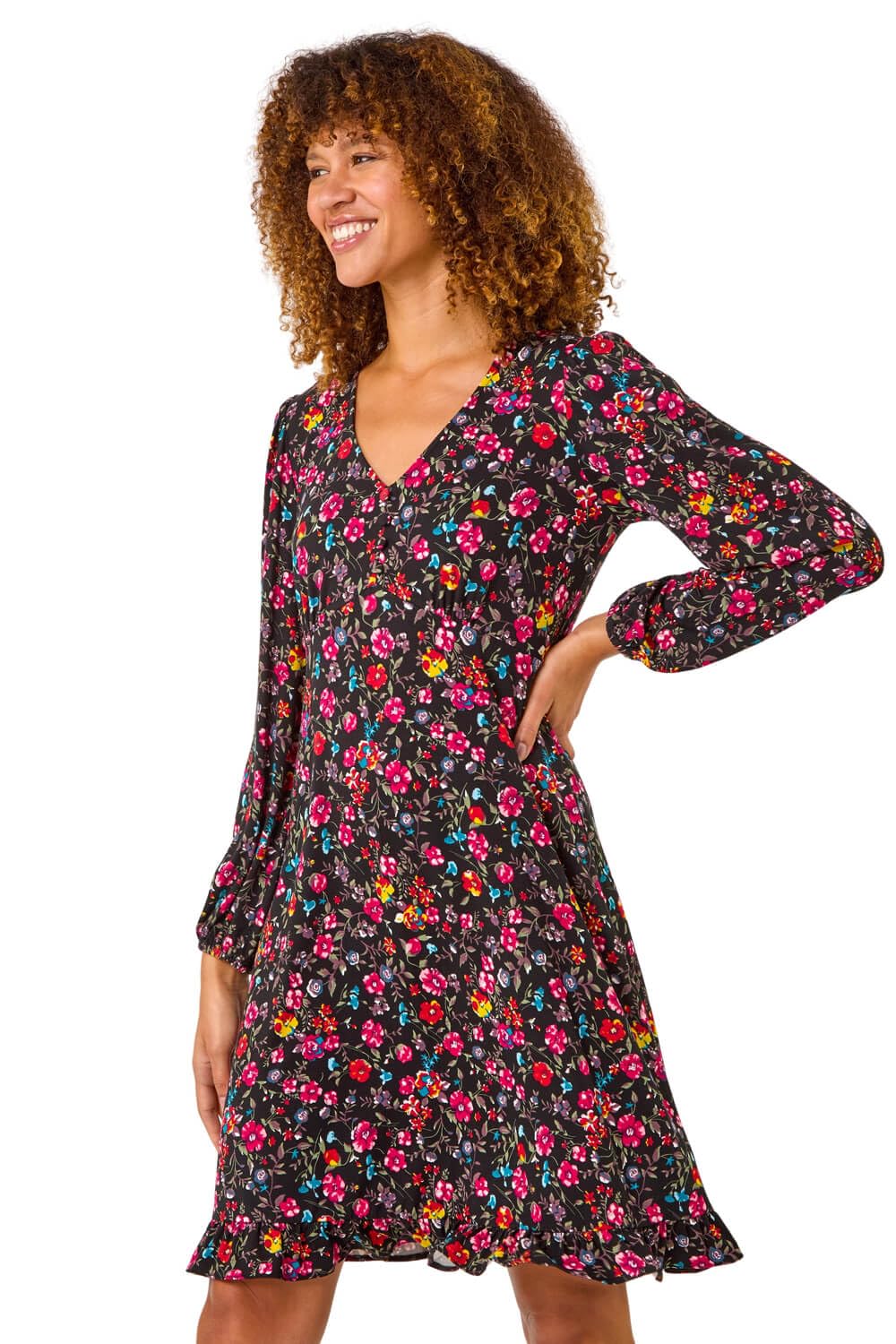 Roman Originals Swing Dress Women UK Ladies Skater Tea Midi A Line Fit & Flare Winter Autumn Casual Smart Cocktail Party Going Out Work Buttons - Pink Multi - Size 20